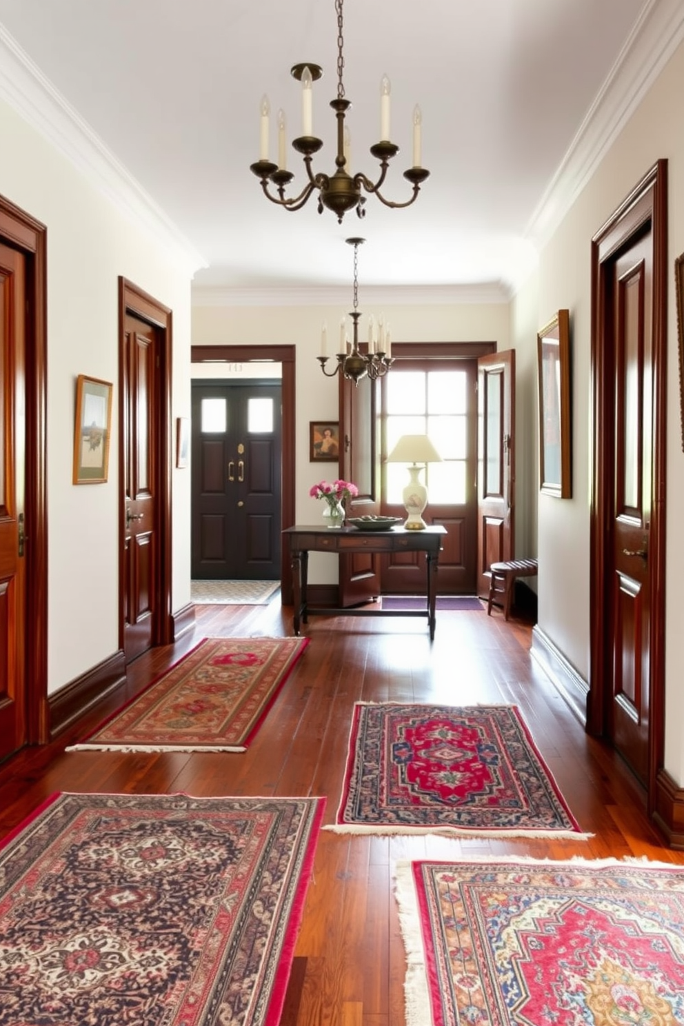 A grand foyer featuring textured wallpaper that adds depth and character to the space. The entrance is adorned with a stunning chandelier that casts a warm glow over the elegant marble flooring.