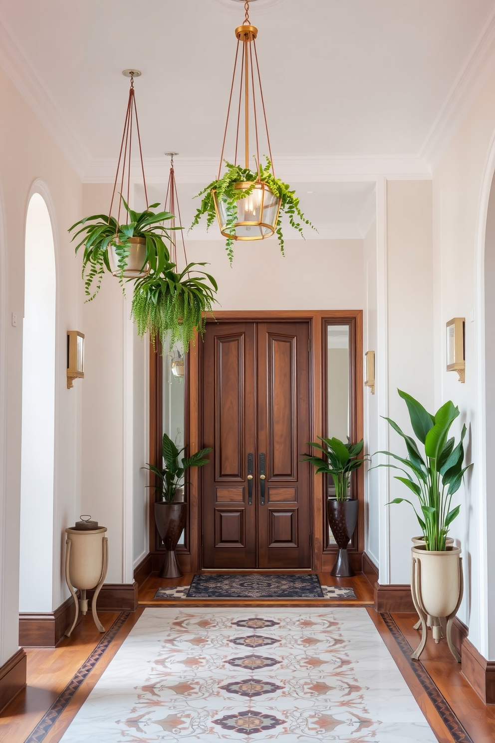 A stylish foyer featuring elegant hanging plants that bring a fresh touch to the space. The walls are adorned with soft pastel colors, and the flooring is a mix of polished wood and intricate tile patterns.