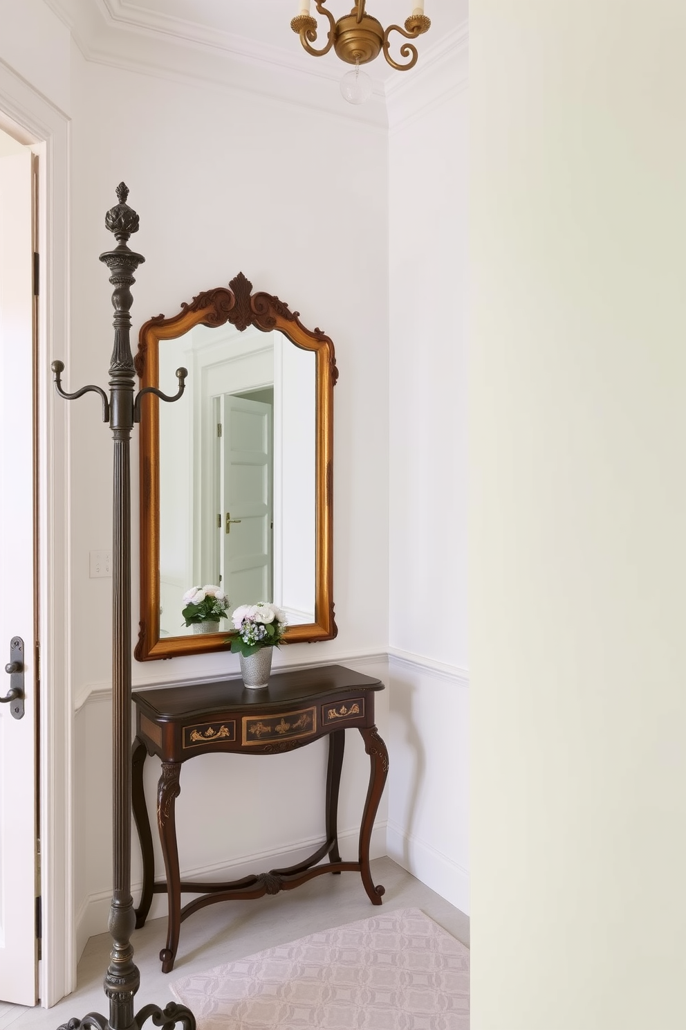 An elegant European foyer features an antique coat rack with unique hooks that add character and charm to the space. The walls are adorned with soft pastel colors, and a vintage console table sits beneath a beautifully framed mirror, creating a welcoming atmosphere.