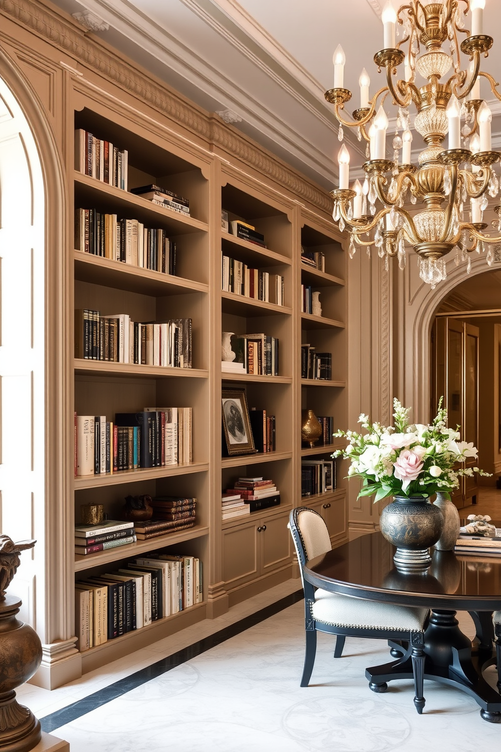 A stunning European foyer features open shelving that elegantly displays an array of books and curated decor items. The walls are adorned with intricate moldings, and a grand chandelier hangs from the ceiling, casting a warm glow over the space.