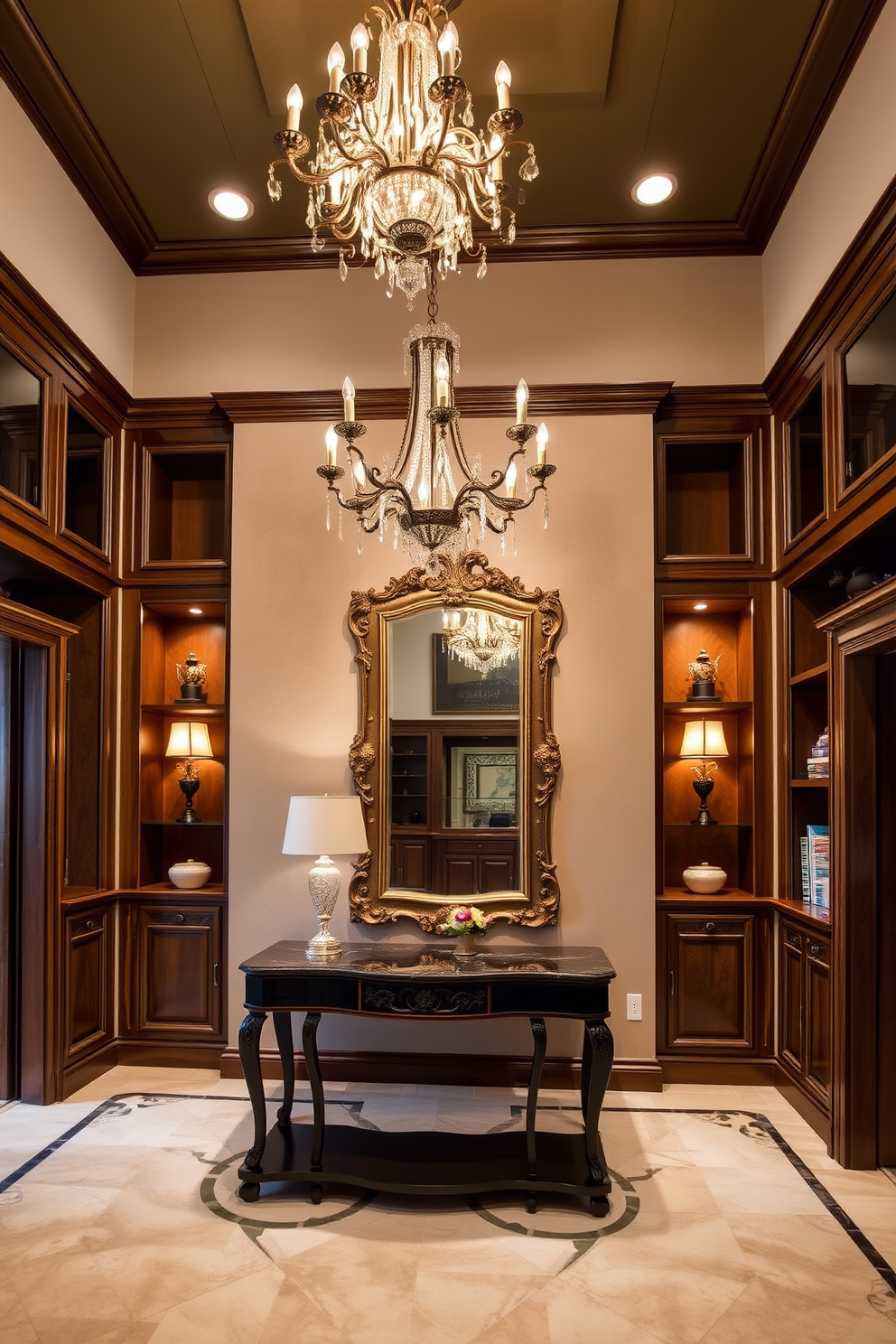 A grand foyer featuring custom built-ins that provide ample storage while enhancing the aesthetic appeal of the space. The built-ins are crafted from rich wood with intricate detailing and are complemented by elegant lighting fixtures that create a warm ambiance. The foyer is adorned with a stunning chandelier that hangs gracefully from the ceiling. A large, ornate mirror is positioned above a console table, reflecting the beauty of the room and adding depth to the design.