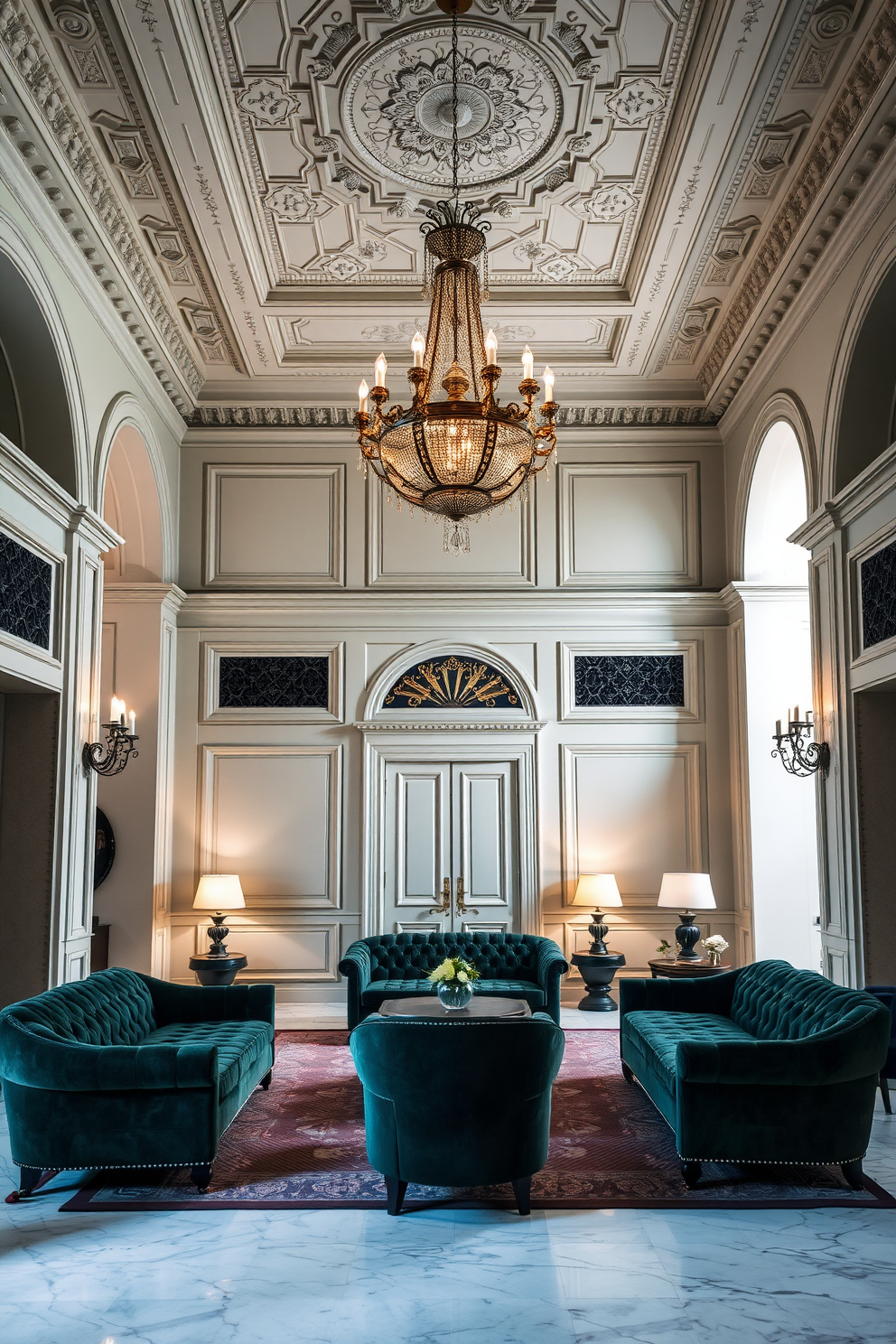 Luxurious velvet seating arranged in an elegant European foyer. The space features a grand chandelier above, with intricate molding on the ceiling and a polished marble floor.