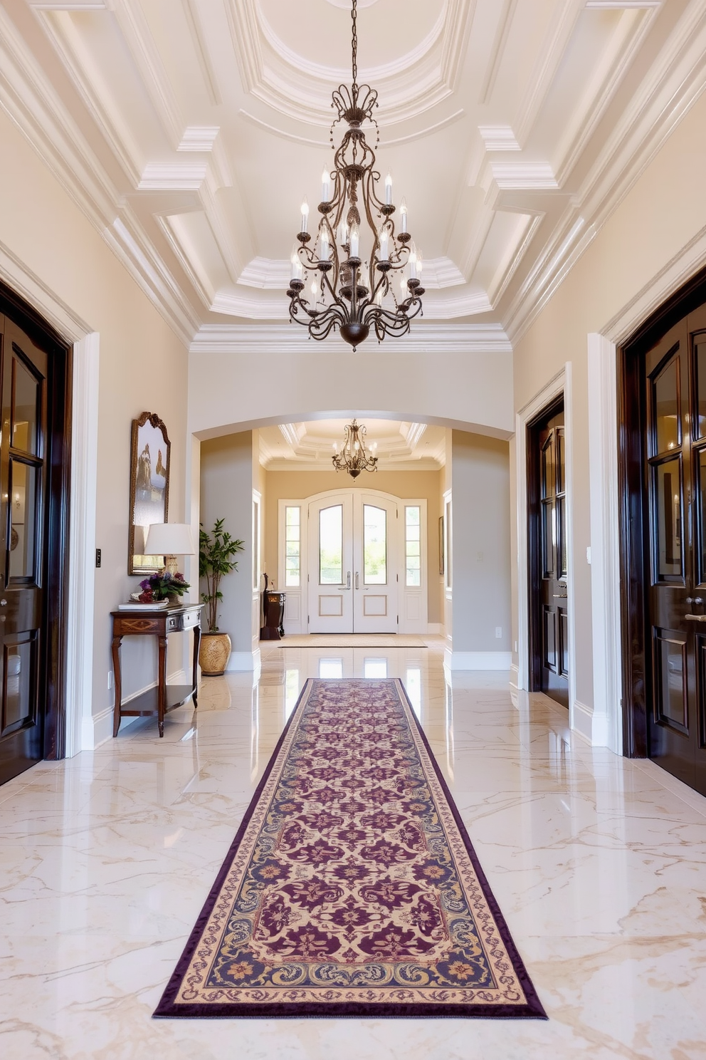 A grand foyer featuring ornate ceiling moldings that exude sophistication and elegance. The space is illuminated by a stunning chandelier that complements the intricate details of the moldings. The walls are adorned with classic wainscoting, painted in a soft cream color that enhances the light in the room. A beautiful console table sits against one wall, topped with decorative accents and a large mirror that reflects the grandeur of the space.