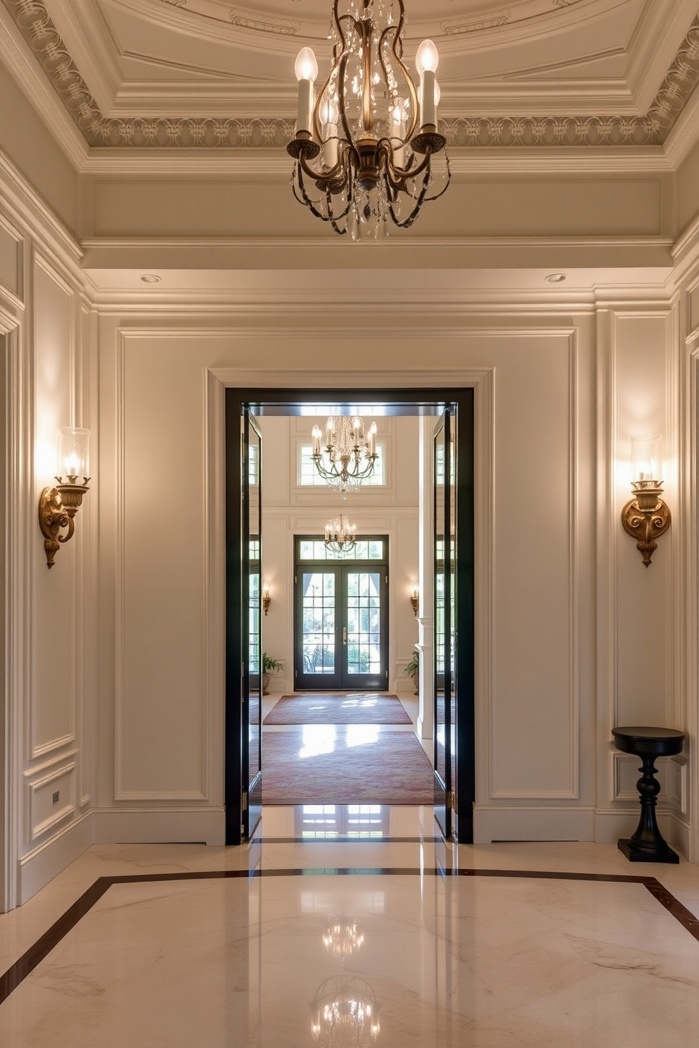 A grand foyer featuring elegant decorative wall sconces that provide soft ambient lighting. The walls are adorned with intricate moldings and a large statement mirror reflects the light, enhancing the space's sophistication.