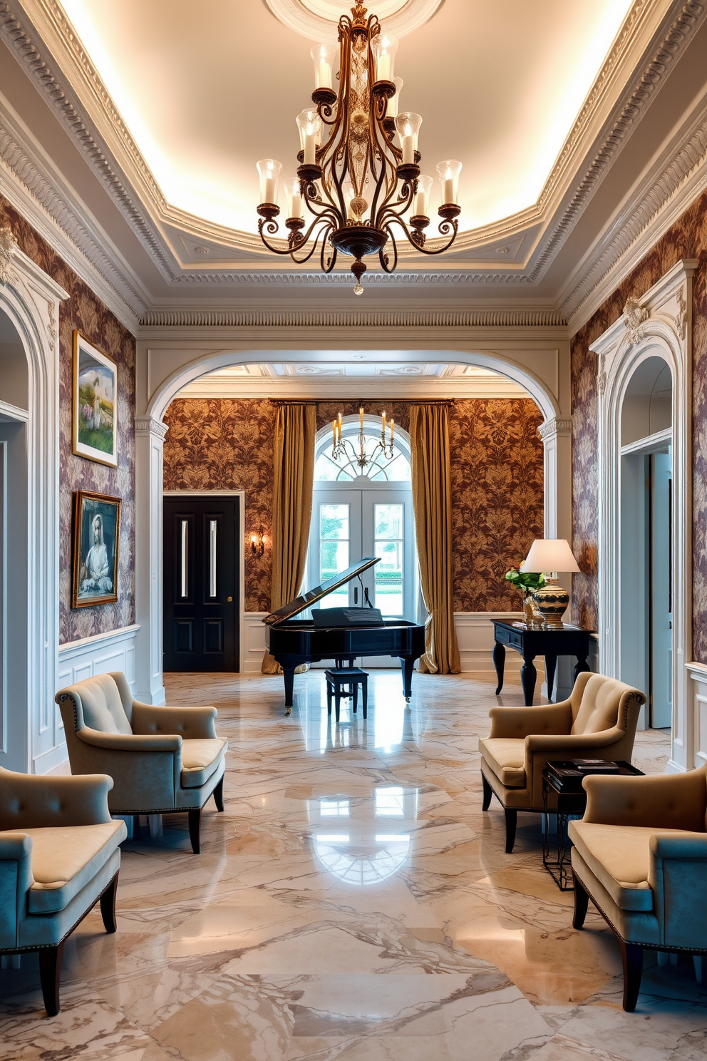 A stunning European foyer featuring a grand piano as the statement piece. The space is adorned with intricate moldings and a dramatic chandelier that casts a warm glow over the polished marble floor. Elegant seating arrangements with plush armchairs and a stylish console table complete the atmosphere. Richly textured wallpaper in soft hues enhances the sophistication of the entryway.