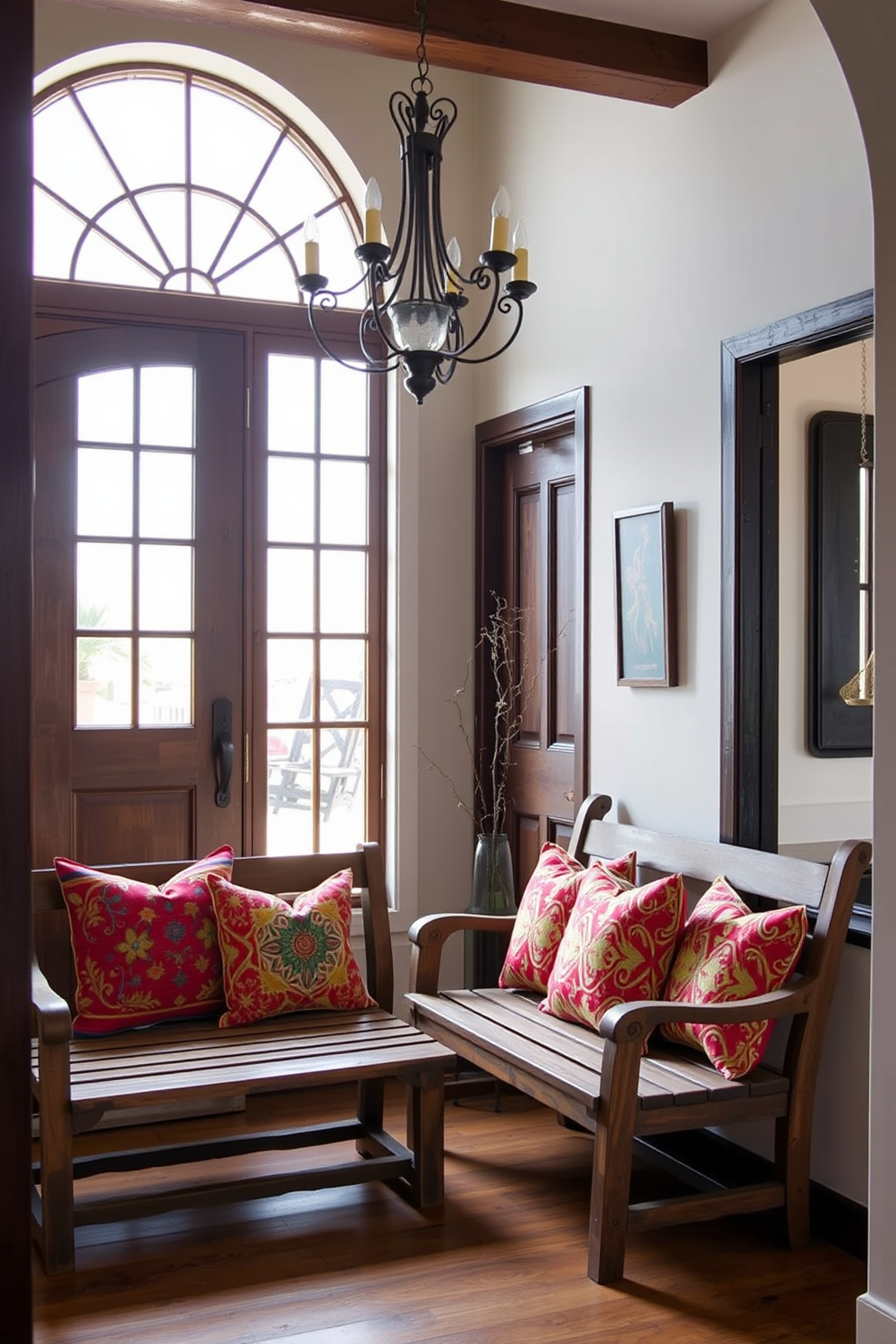 A rustic wooden bench is placed against the wall, adorned with colorful patterned cushions that add a touch of warmth and comfort. The foyer features a large arched window that allows natural light to flood the space, complemented by a vintage chandelier hanging from the ceiling.