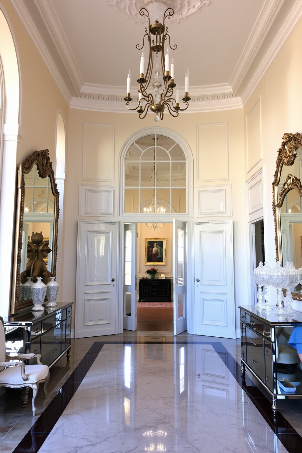 A grand European foyer features mirrored furniture that reflects light and creates a spacious feel. The entrance is adorned with an elegant chandelier, and the walls are painted in a soft cream color to enhance the airy atmosphere.