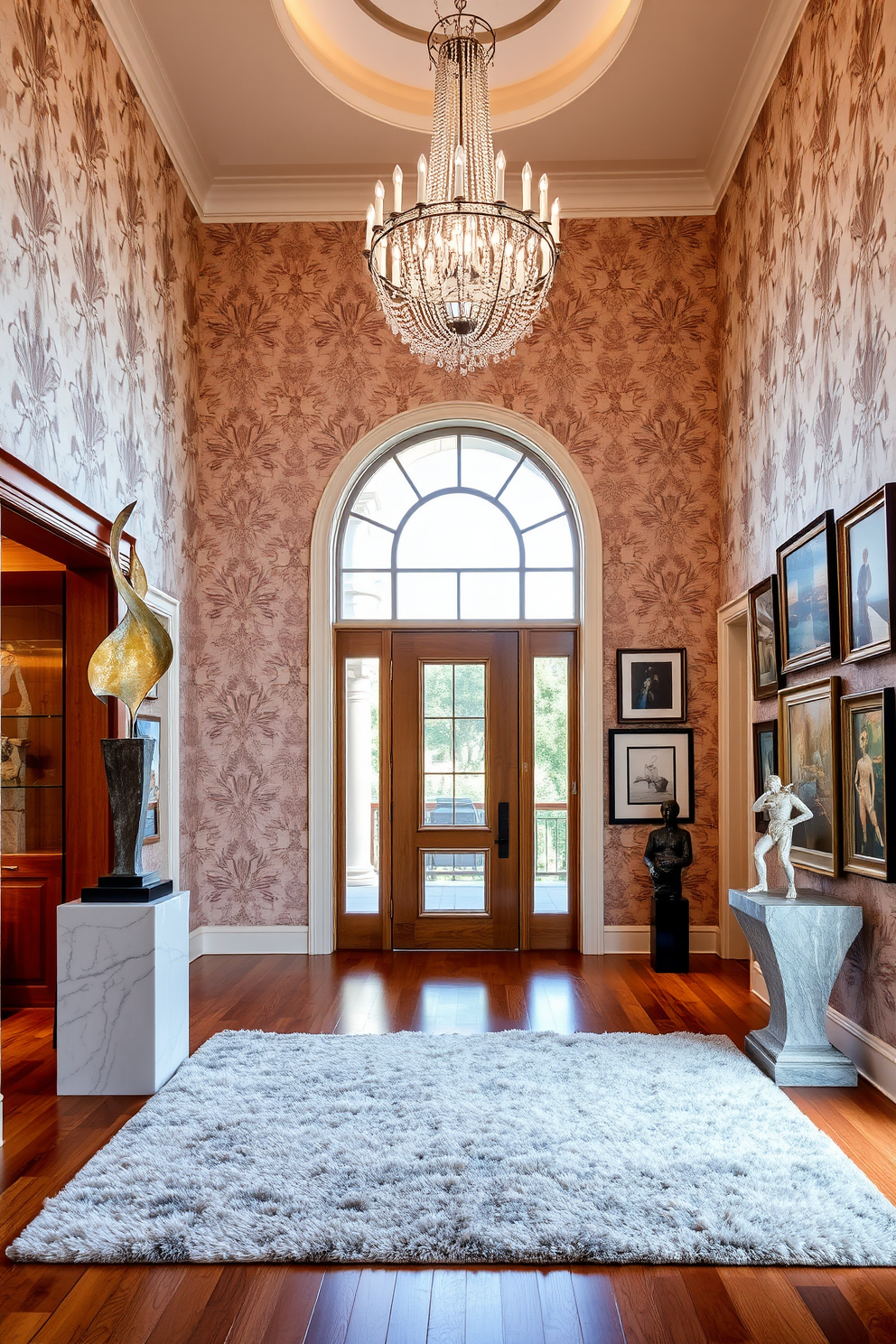 A stylish umbrella stand made of sleek metal with a modern design sits elegantly in the corner of a European foyer. The foyer features a beautiful marble floor and soft lighting that highlights the stand's unique shape and functionality.