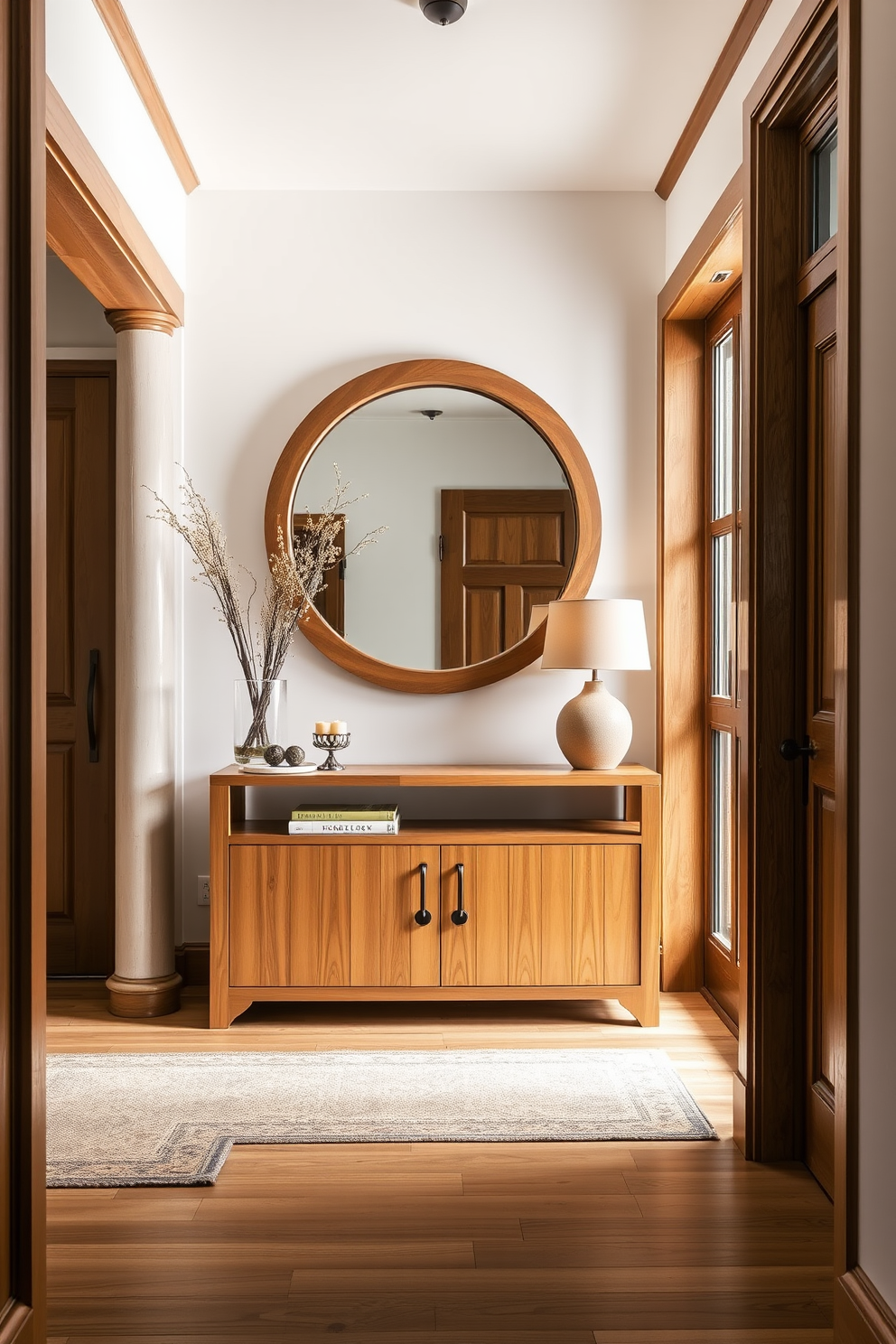 A welcoming European foyer features natural wood accents that create a warm and inviting atmosphere. The space is adorned with a beautiful wooden console table, complemented by a large round mirror and soft lighting that enhances the cozy feel.