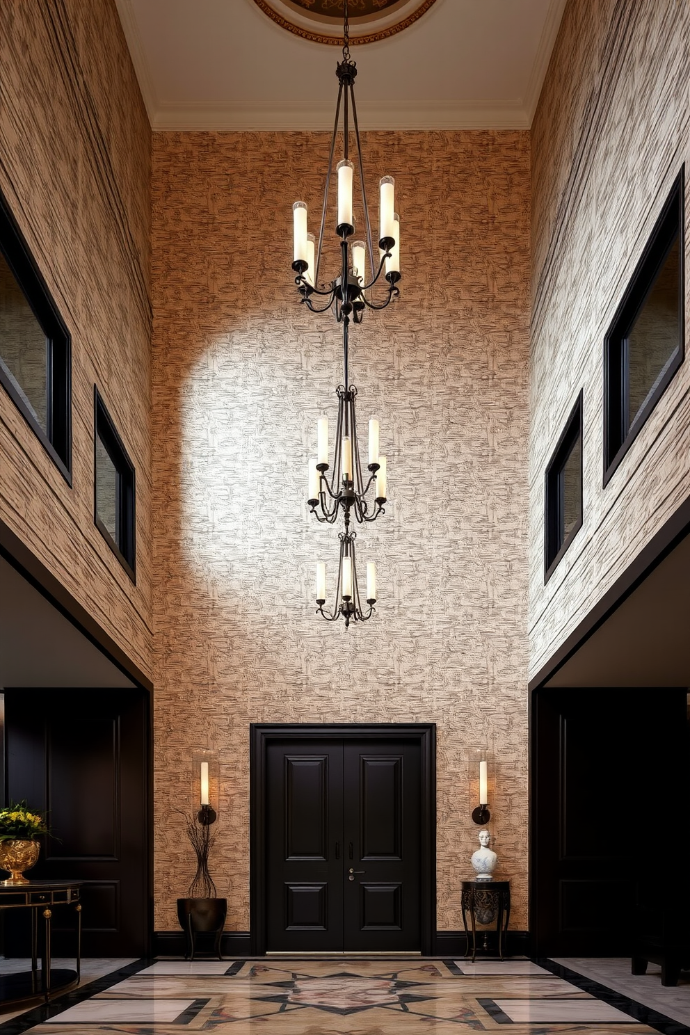 A grand foyer featuring textured wallpaper that adds depth and sophistication to the space. Elegant lighting fixtures hang from the ceiling, illuminating the rich color palette of the decor.