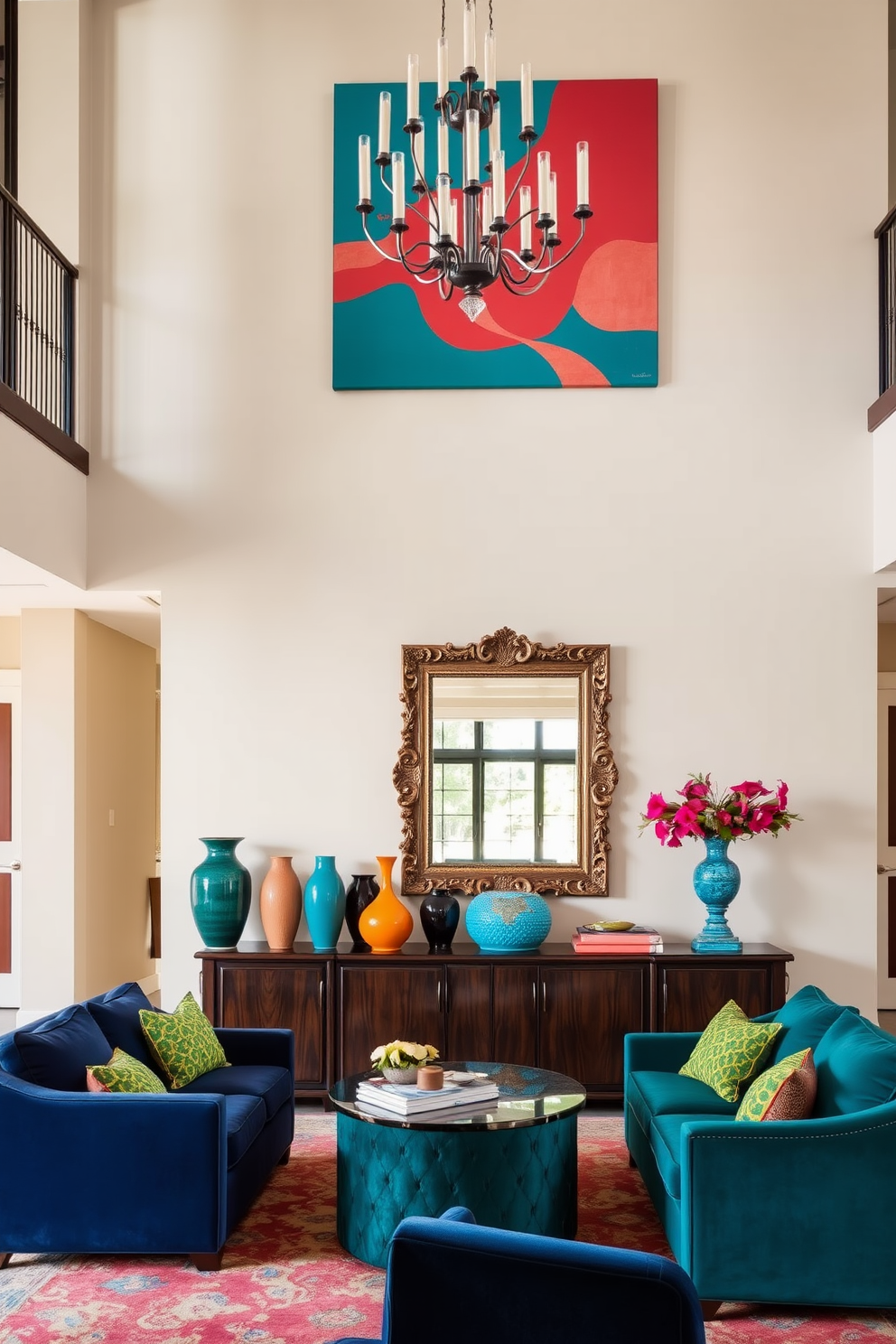 A grand foyer adorned with bold color accents through decor items. The walls are a soft beige, while vibrant artwork in shades of teal and coral adds a striking contrast. A large console table in dark wood showcases a collection of colorful vases and a statement mirror with an ornate frame. Plush seating in rich jewel tones invites guests to linger and admire the stylish decor.