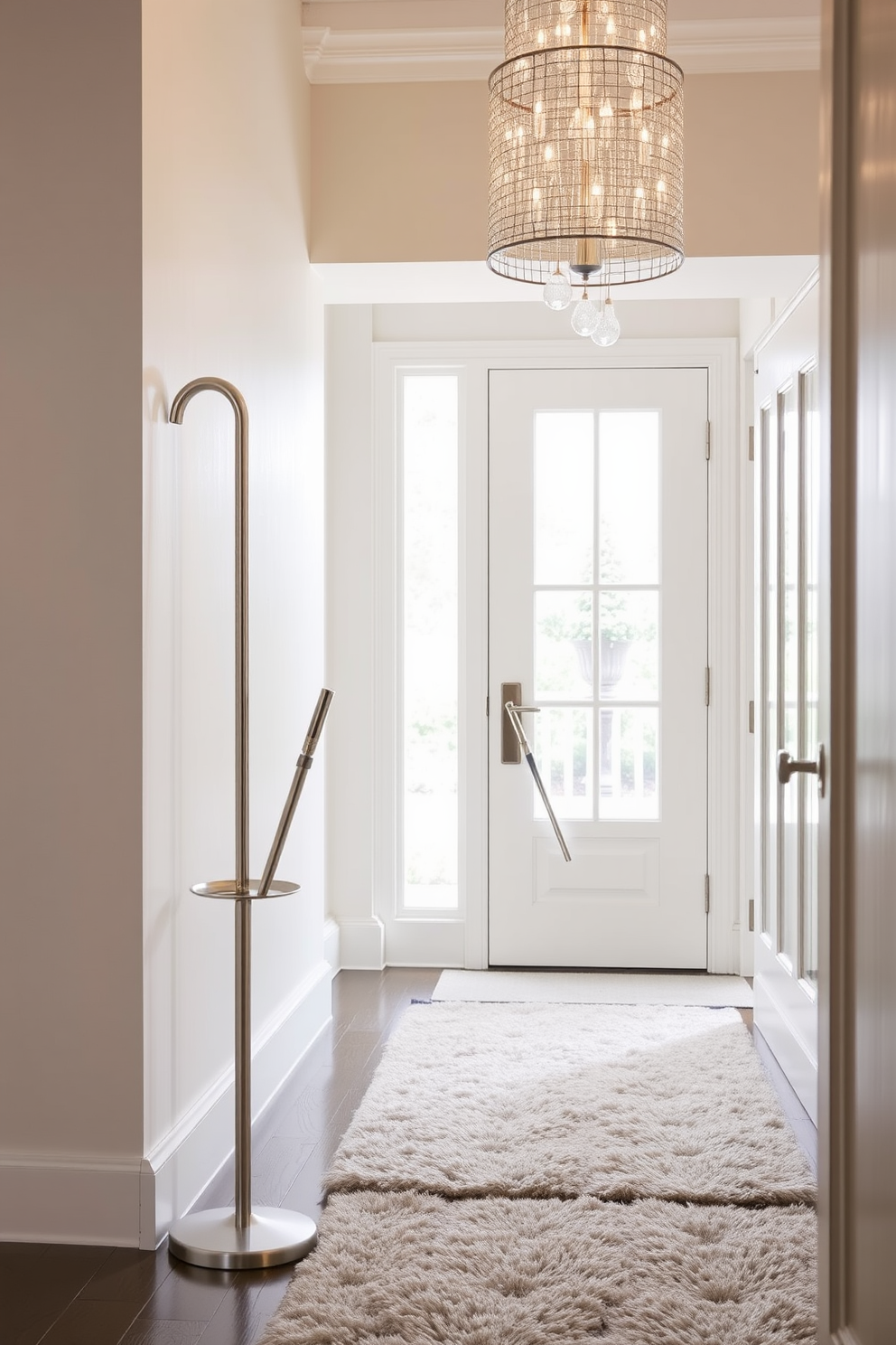 A stylish umbrella stand is positioned elegantly by the entrance, crafted from sleek metal with a modern finish. The foyer features a stunning blend of textures, including a soft area rug and a statement lighting fixture that enhances the welcoming atmosphere.