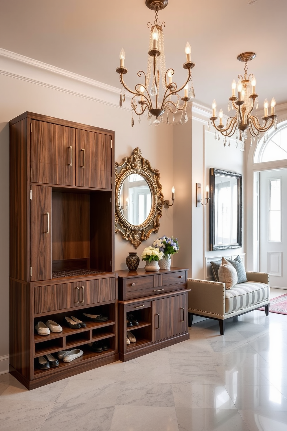 A functional shoe storage unit designed with elegance and style. The unit features a combination of open shelves and closed compartments, finished in a rich walnut wood with gold accents. The foyer is adorned with a striking chandelier that casts warm light over the space. A large mirror with an ornate frame reflects the beauty of the room, complemented by a stylish bench for seating.