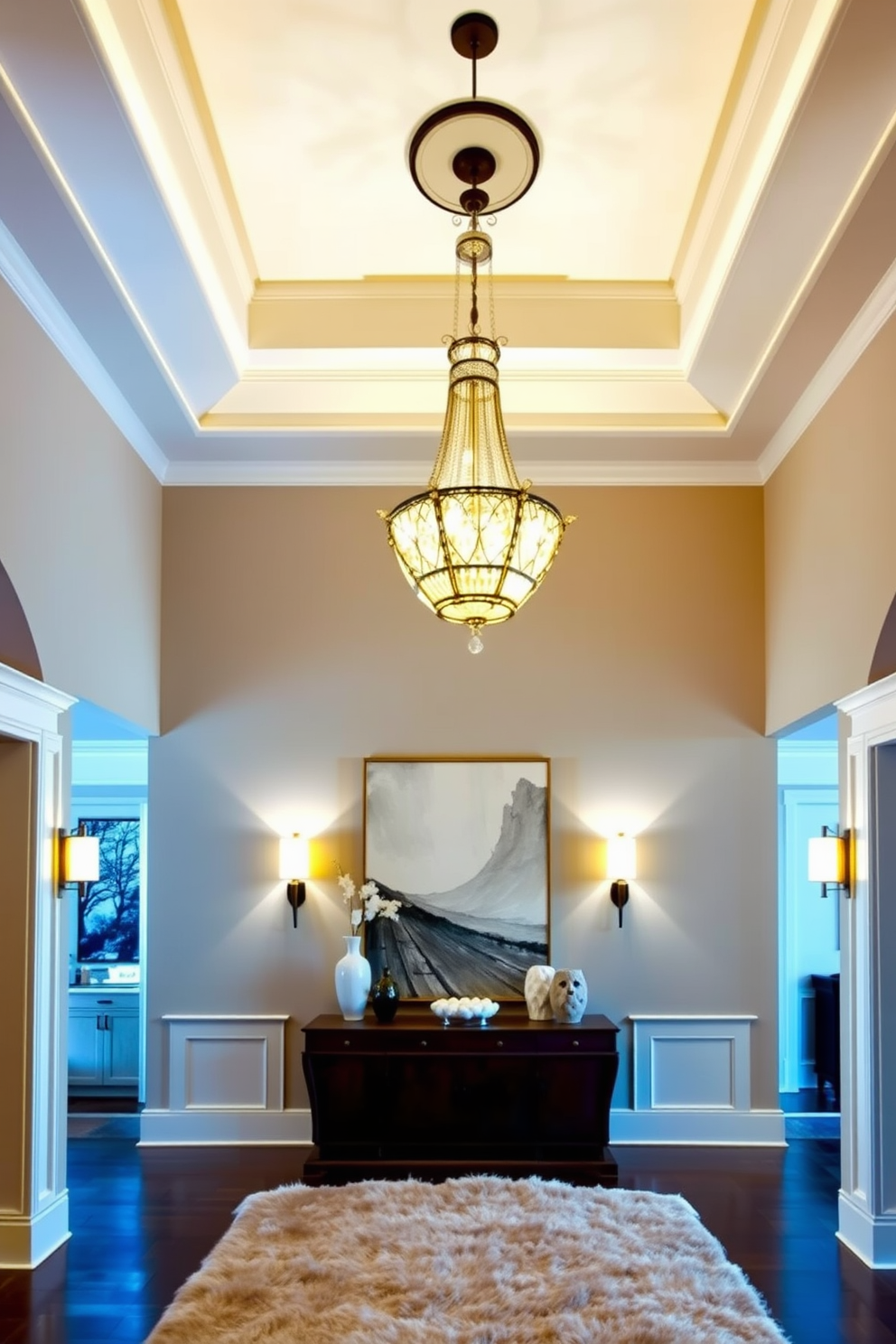 A grand foyer adorned with fragrant flowers in elegant vases welcomes guests with a burst of color and scent. The space features a stunning chandelier that casts a warm glow over the marble flooring, creating an inviting atmosphere. Intricate moldings frame the entrance, while a classic console table holds decorative items that reflect European charm. Soft pastel hues on the walls complement the lush greenery of the floral arrangements, enhancing the overall ambiance.