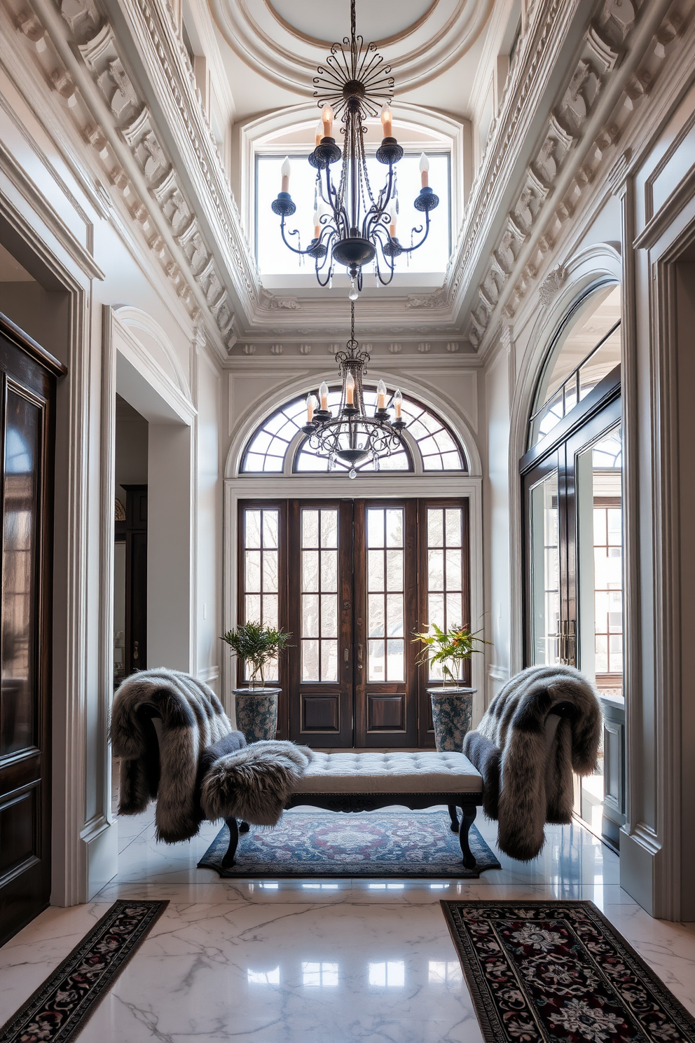 A European foyer featuring elegant architectural details with high ceilings and intricate moldings. The space is adorned with faux fur throws draped over a classic bench, adding a cozy touch to the sophisticated setting. Natural light floods in through large windows, illuminating a beautiful chandelier that hangs above. The floor is finished with polished marble tiles, complemented by a tasteful area rug that enhances the warm ambiance.