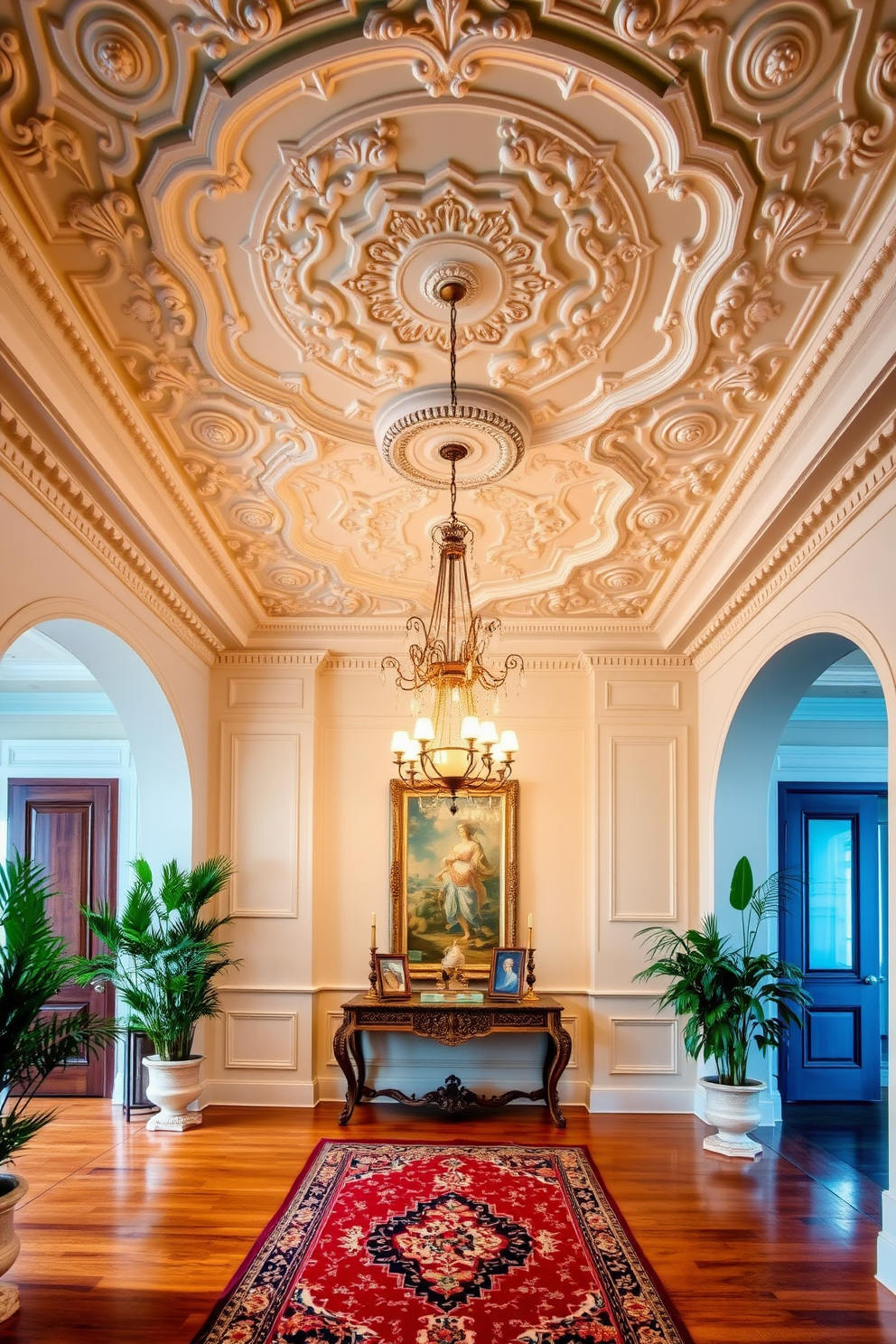 Intricate ceiling designs with moldings create an elegant atmosphere in a European foyer. The ceiling features detailed plasterwork with ornate patterns, complemented by a grand chandelier that hangs in the center, casting a warm glow. The foyer is adorned with rich hardwood flooring and a beautiful area rug that adds color and texture. Flanking the entrance are tall potted plants and an antique console table that showcases decorative art pieces.