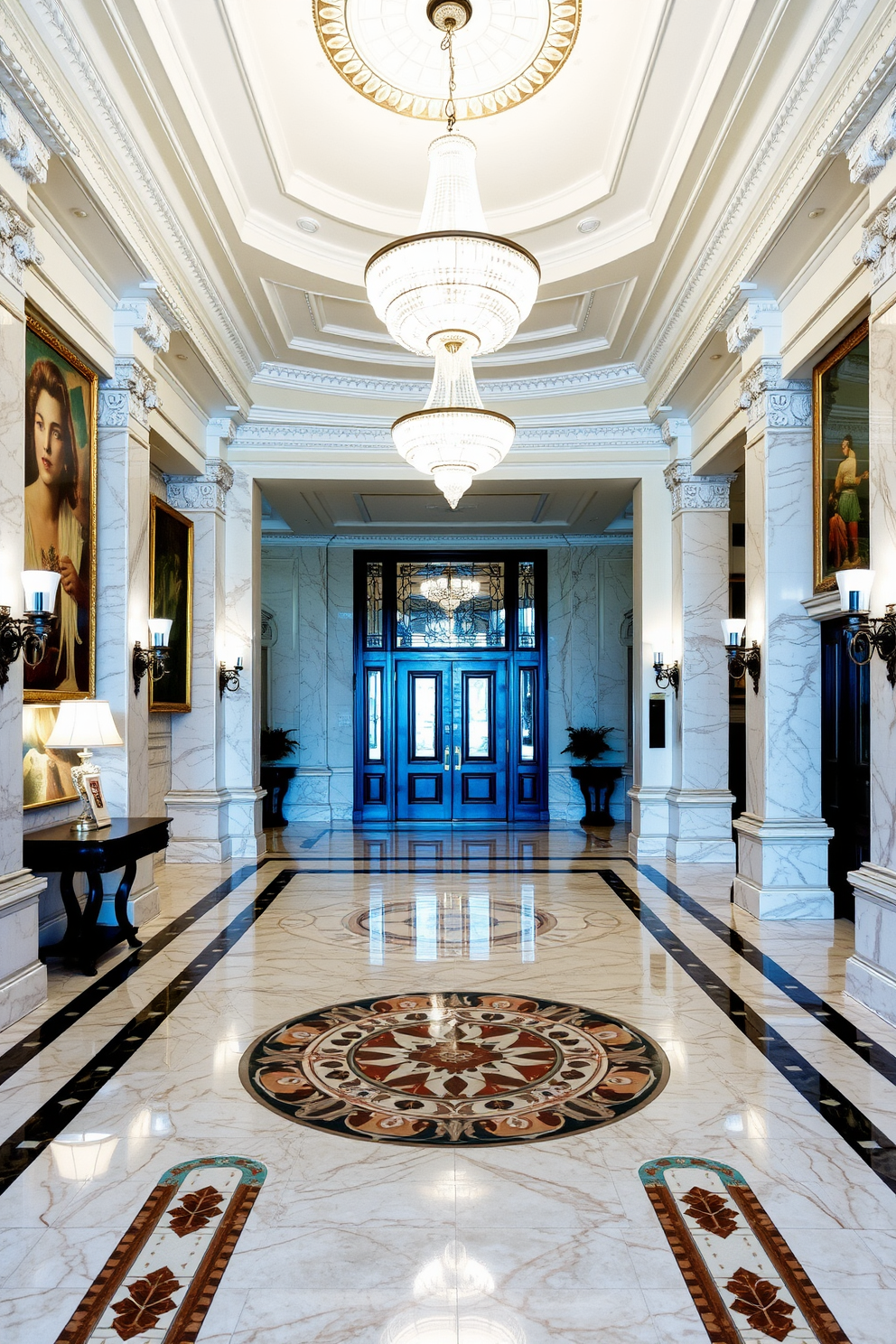 A grand foyer featuring marble flooring adorned with intricate tile designs. The space is illuminated by a stunning chandelier, and elegant artwork lines the walls, creating a welcoming atmosphere.