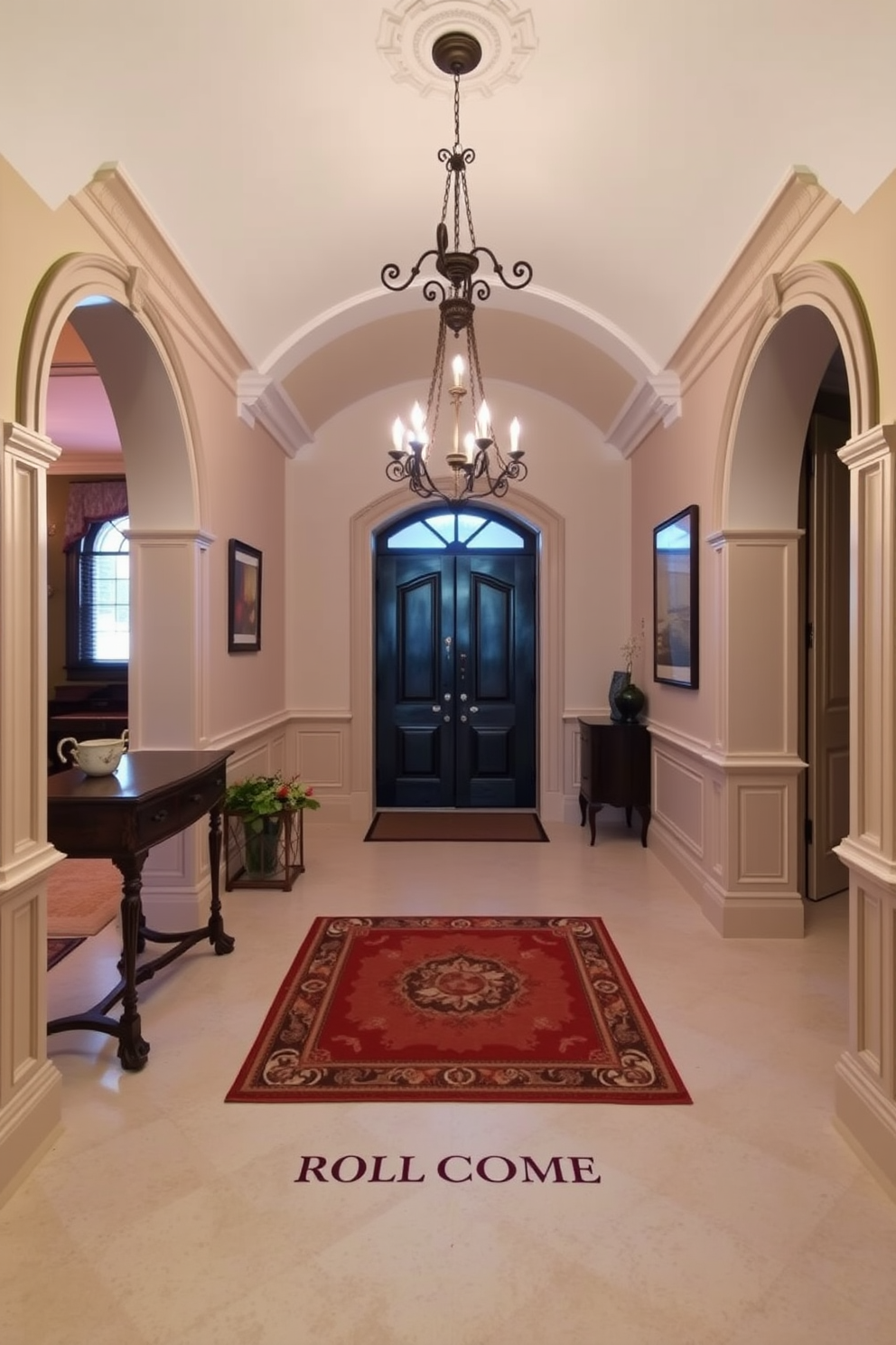 A charming European foyer with a personalized welcome mat that adds a touch of warmth. The space features elegant archways, intricate moldings, and a classic chandelier hanging from the ceiling.