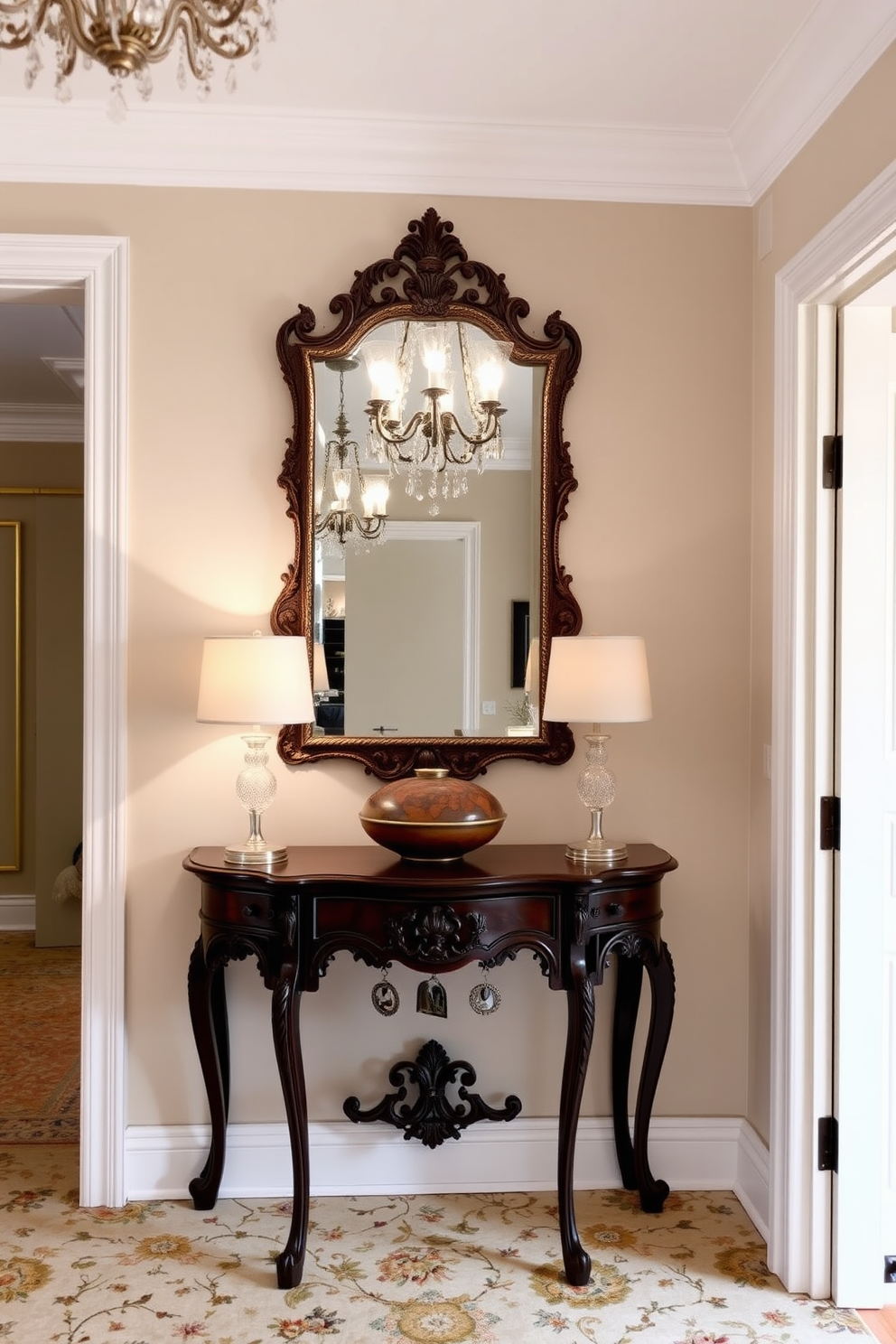 Chic console table with decorative mirrors in a European foyer. The table is made of dark wood and features intricate carvings, while above it, a pair of ornate mirrors reflect the elegant lighting from a nearby chandelier.