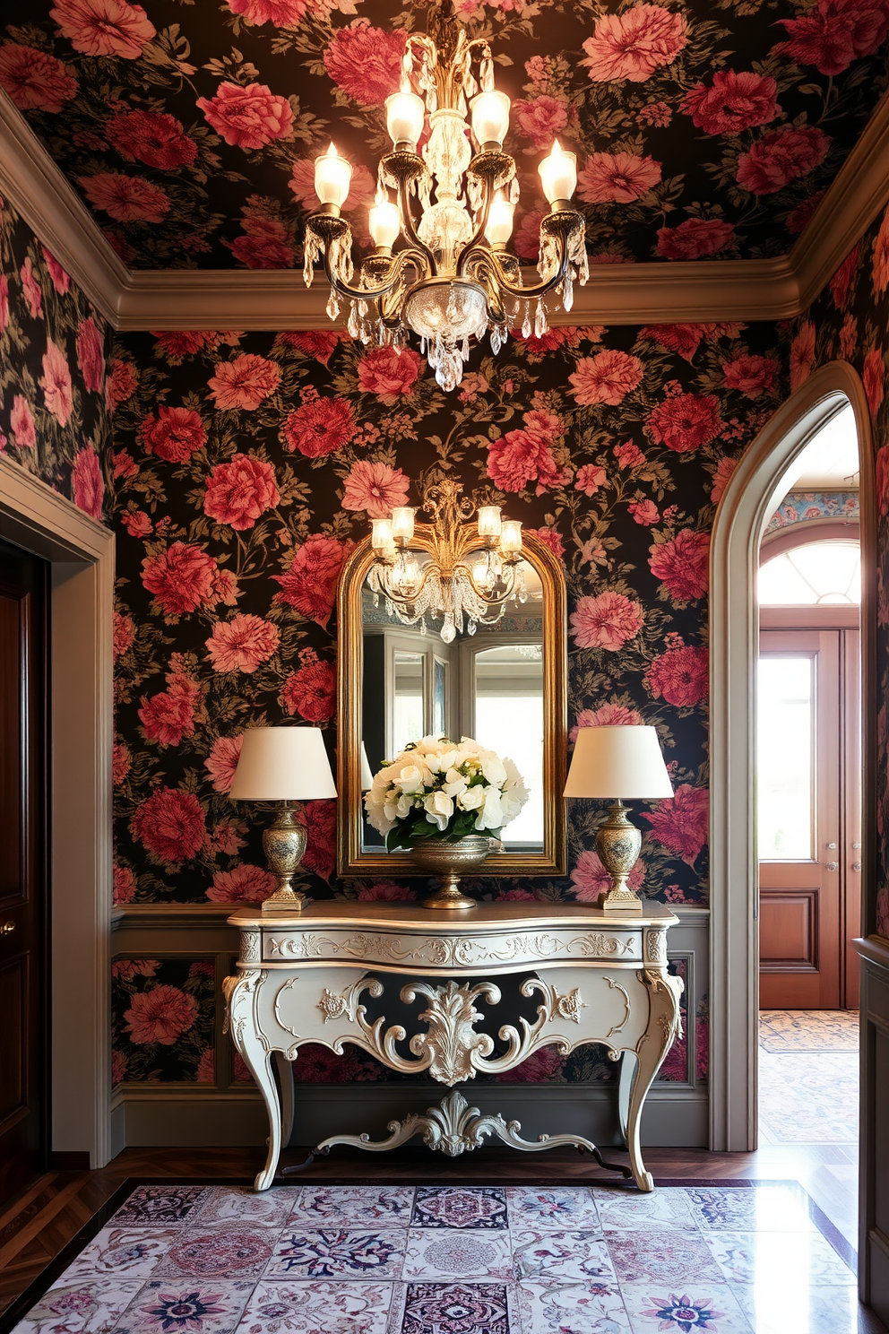 A stunning European foyer adorned with bold floral wallpaper creates an inviting atmosphere. The space features a grand chandelier hanging from the ceiling, illuminating a beautiful console table with intricate detailing.