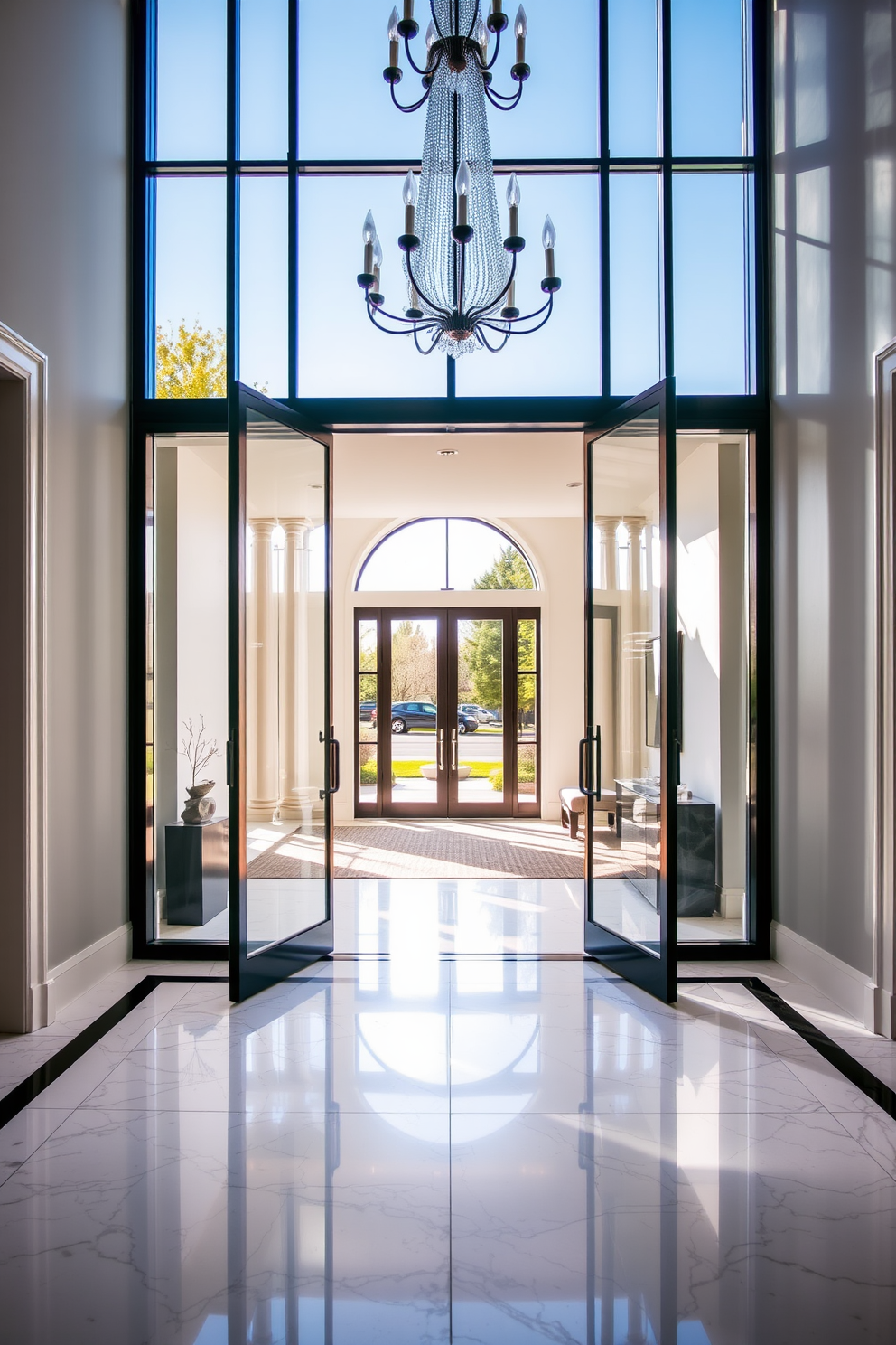 A stunning European foyer featuring sleek glass doors that invite abundant natural light into the space. The foyer is adorned with elegant marble flooring and a statement chandelier that adds a touch of sophistication.