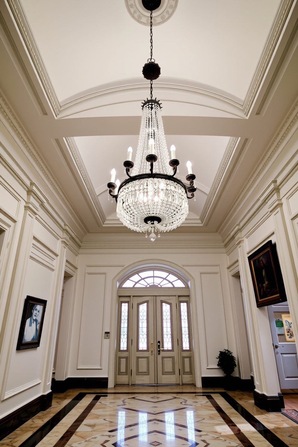 A grand foyer featuring a classic chandelier with crystal accents hangs elegantly from the ceiling. The space is adorned with intricate moldings and a polished marble floor, creating an inviting atmosphere.