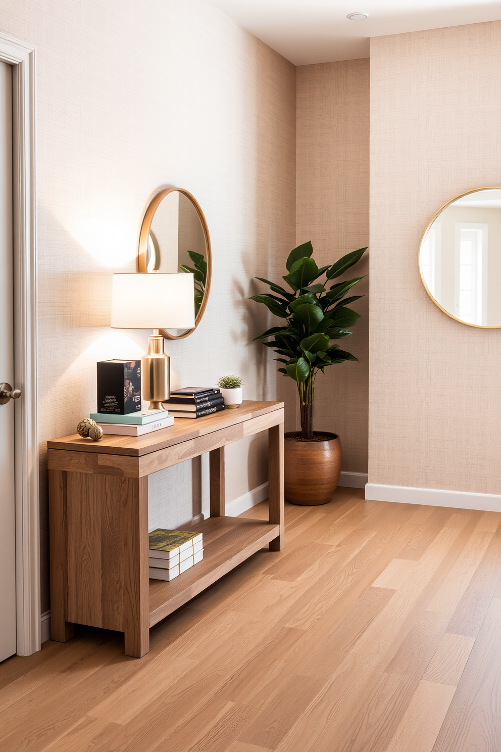 A serene foyer space that welcomes guests with a neutral color palette featuring soft beige and warm taupe tones. The walls are adorned with textured wallpaper, and the floor is laid with wide planks of light oak wood, creating a cozy atmosphere. A stylish console table made of reclaimed wood stands against the wall, topped with a chic lamp and a few decorative books. To the side, a large potted plant adds a touch of greenery, while a round mirror with a brushed gold frame reflects the natural light coming in from the entrance.