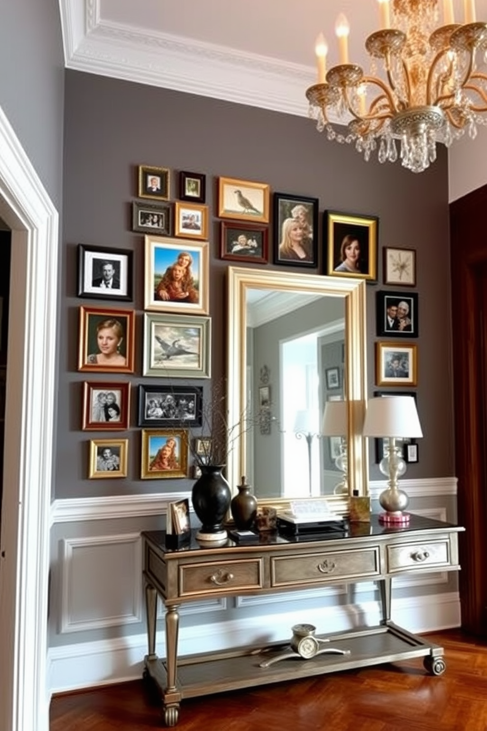 A gallery wall showcases an eclectic mix of framed artwork and personal photos, creating a vibrant focal point in the room. The frames vary in size and style, adding depth and character to the display. The foyer features elegant European design elements, including a grand chandelier hanging from a high ceiling. A classic console table is positioned against the wall, adorned with decorative accents and a large mirror above it, enhancing the sense of space.