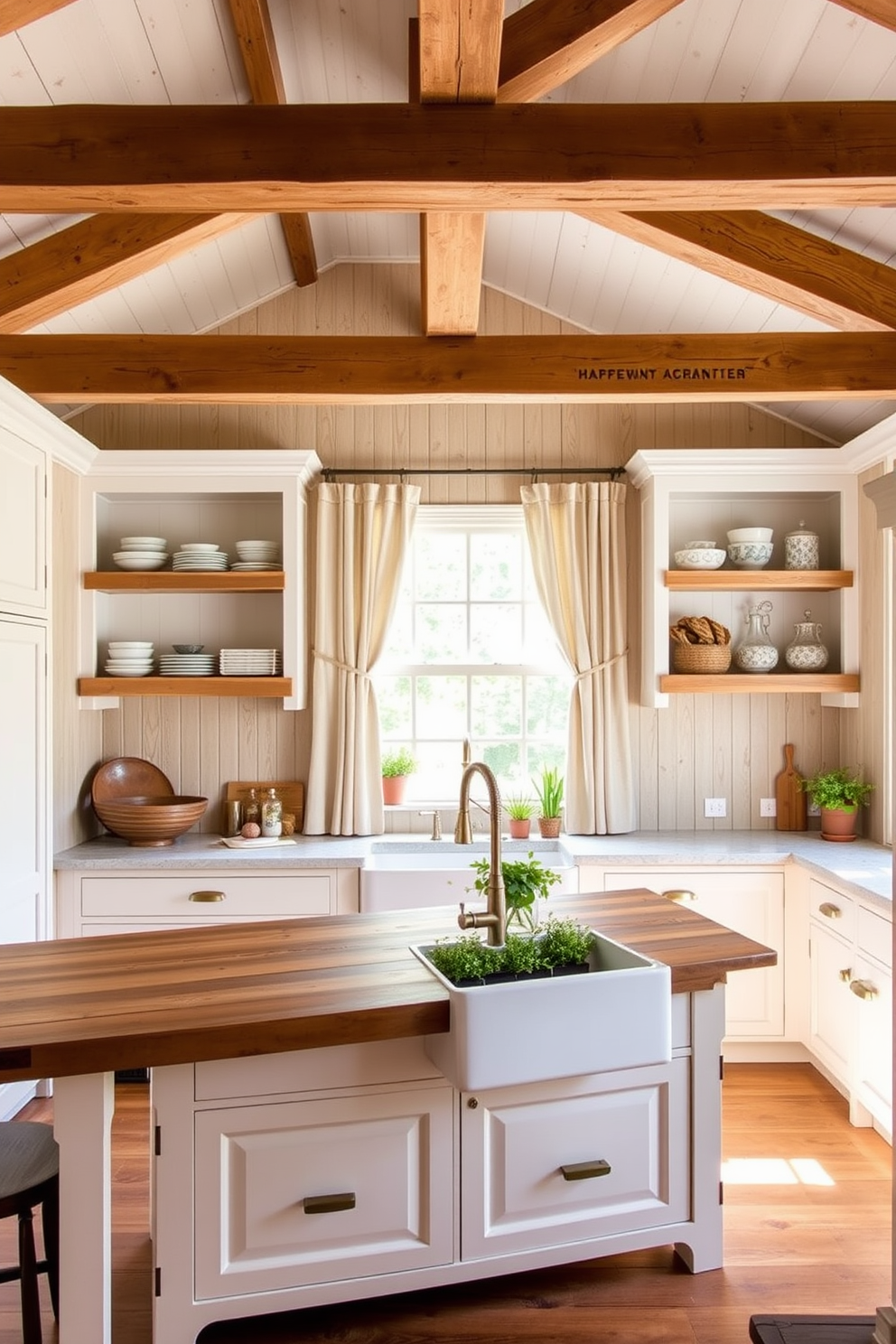 A rustic farmhouse kitchen featuring exposed wooden beams and a large central island made of reclaimed wood. The cabinetry is painted in a soft white, complemented by vintage brass hardware and open shelving displaying rustic dishware. Natural light floods the space through large windows adorned with simple linen curtains. A farmhouse sink sits beneath the window, surrounded by potted herbs and a classic gooseneck faucet.