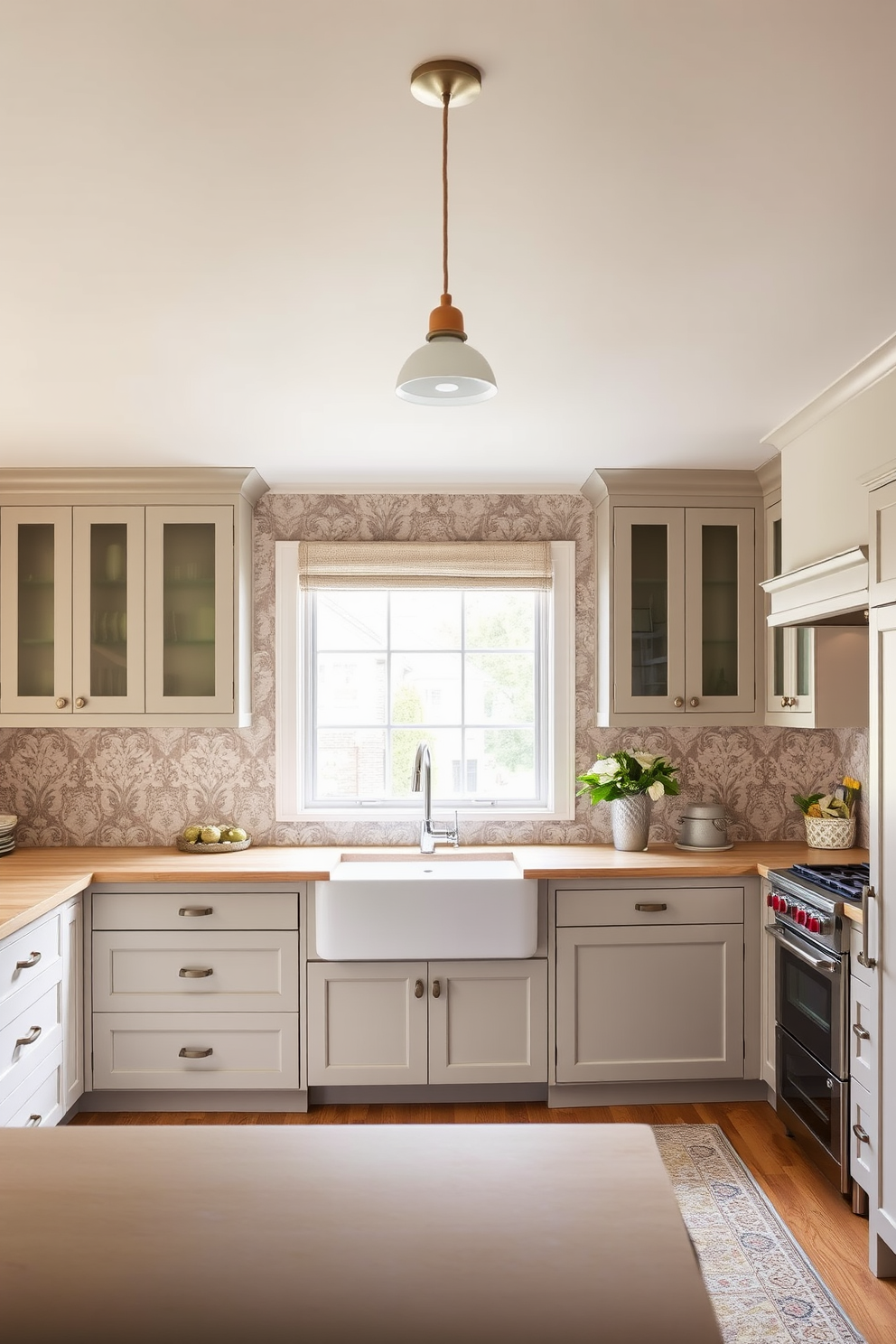 Timeless Shaker cabinets in muted hues create a warm and inviting atmosphere in the kitchen. The design features a spacious island with a natural wood countertop, complemented by elegant pendant lighting overhead. The walls are adorned with subtle wallpaper that adds texture without overwhelming the space. A farmhouse sink sits beneath a large window, allowing natural light to flood the room and highlighting the soft color palette.