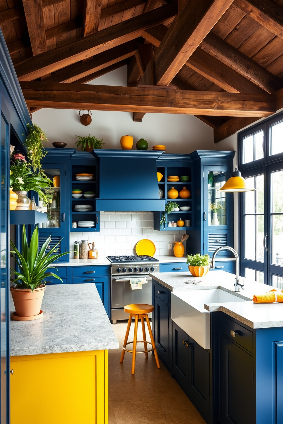 A vibrant European kitchen filled with bold color accents that create a lively atmosphere. The cabinetry features a deep navy blue finish complemented by bright yellow accents on the kitchen island and bar stools. Large windows allow natural light to flood the space, highlighting the rich textures of the wooden beams and stone countertops. Decorative open shelving displays colorful dishware and plants, adding a personal touch to the design.