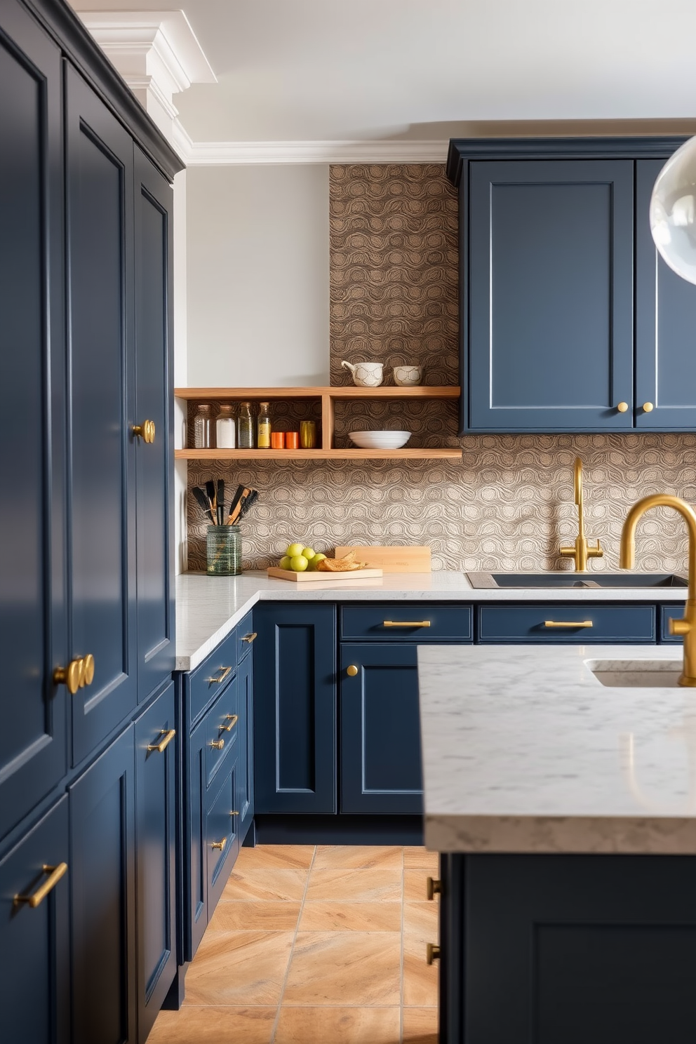 A European kitchen featuring textured tiles as a unique backsplash. The cabinetry is a blend of deep navy and warm wood tones, complemented by brass hardware and fixtures.