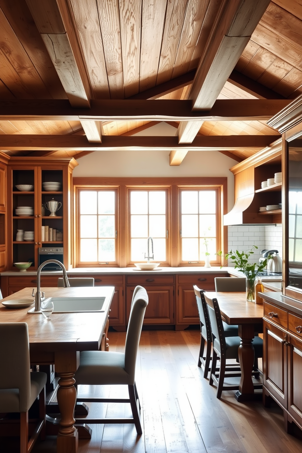 A cozy European kitchen featuring warm wood tones throughout the cabinetry and open shelving. The space is accented with a large farmhouse sink and a rustic wooden dining table surrounded by upholstered chairs. Soft natural light filters through large windows, illuminating the rich textures of the wooden beams on the ceiling. A stylish backsplash of white subway tiles complements the wooden elements, creating an inviting atmosphere.