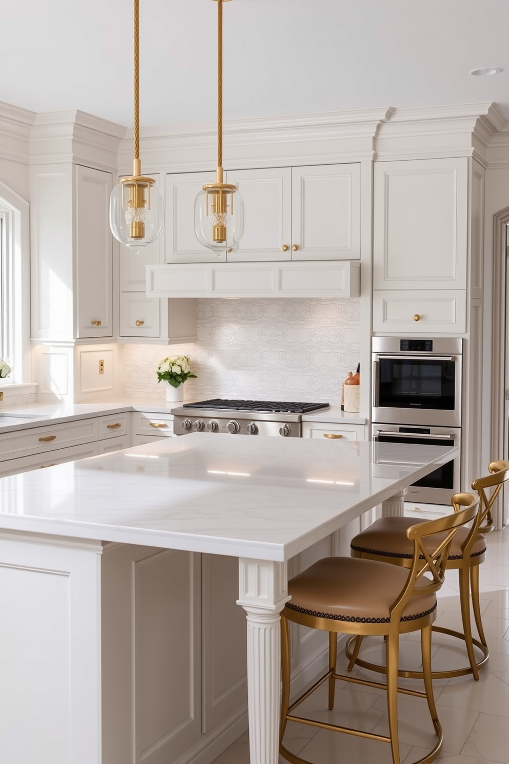 A luxurious kitchen island with ample seating for guests features a sleek marble countertop and elegant bar stools. The cabinetry is a soft white with gold hardware, and the backsplash showcases intricate subway tiles in a muted pastel hue.