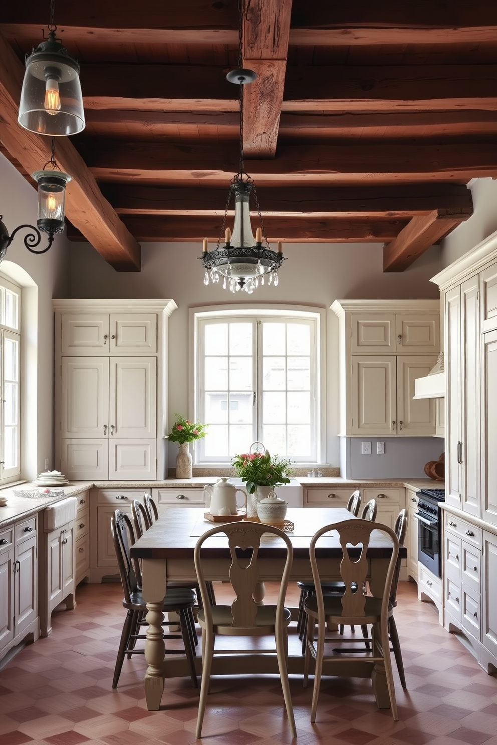 A charming European kitchen adorned with vintage lighting fixtures that add character and warmth. The space features exposed wooden beams on the ceiling, complemented by a rustic farmhouse table surrounded by mismatched chairs. Soft pastel colors dominate the cabinetry, with intricate detailing that reflects classic European design. A large window allows natural light to flood the room, highlighting the elegant pendant lights hanging above the kitchen island.