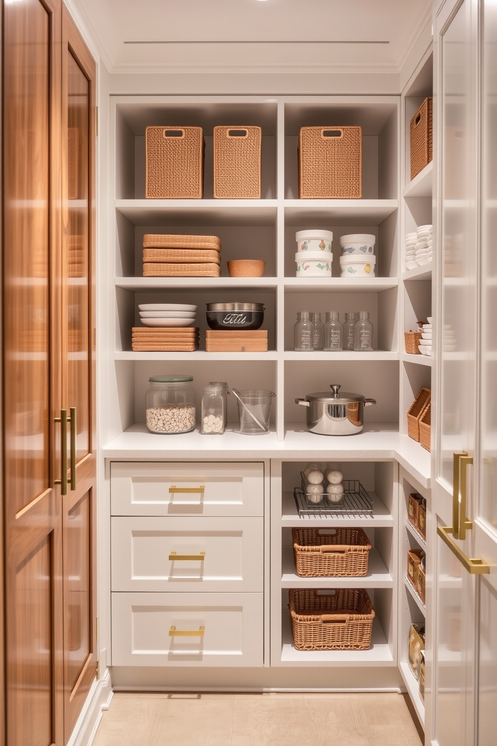 A functional pantry designed with organized storage features custom shelving that maximizes space efficiency. The cabinetry is finished in a soft white, complemented by natural wood accents and elegant brass hardware.