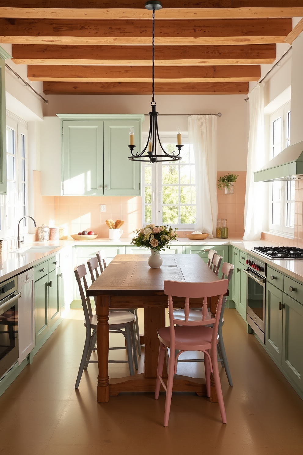 Bright pastel shades create a cheerful atmosphere in a European kitchen. The cabinetry is painted in soft mint green, complemented by a light peach backsplash and white marble countertops. Natural light floods the space through large windows adorned with sheer curtains. A rustic wooden dining table sits in the center, surrounded by pastel-colored chairs that add a playful touch.