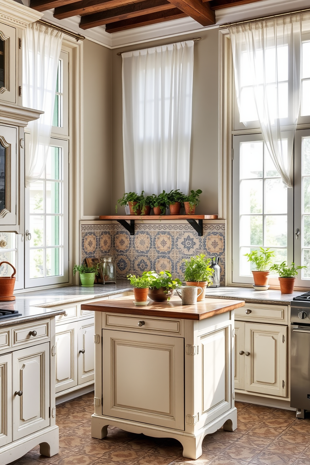 A cohesive color scheme unites the kitchen, featuring soft whites and warm wood tones. The cabinetry is a crisp white with brushed brass hardware, complemented by a natural wood island that serves as a focal point. The backsplash showcases a subtle mosaic of muted blues and greens, harmonizing with the overall palette. Elegant pendant lights hang above the island, casting a warm glow over the space and enhancing the inviting atmosphere.