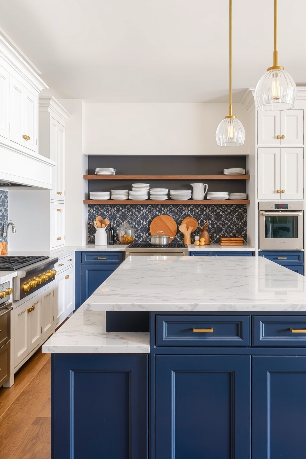 Culinary workspace with ample prep areas featuring a large central island topped with polished granite. The cabinetry is a mix of soft white and deep navy blue, complemented by brass hardware and open shelving displaying artisanal dishware.