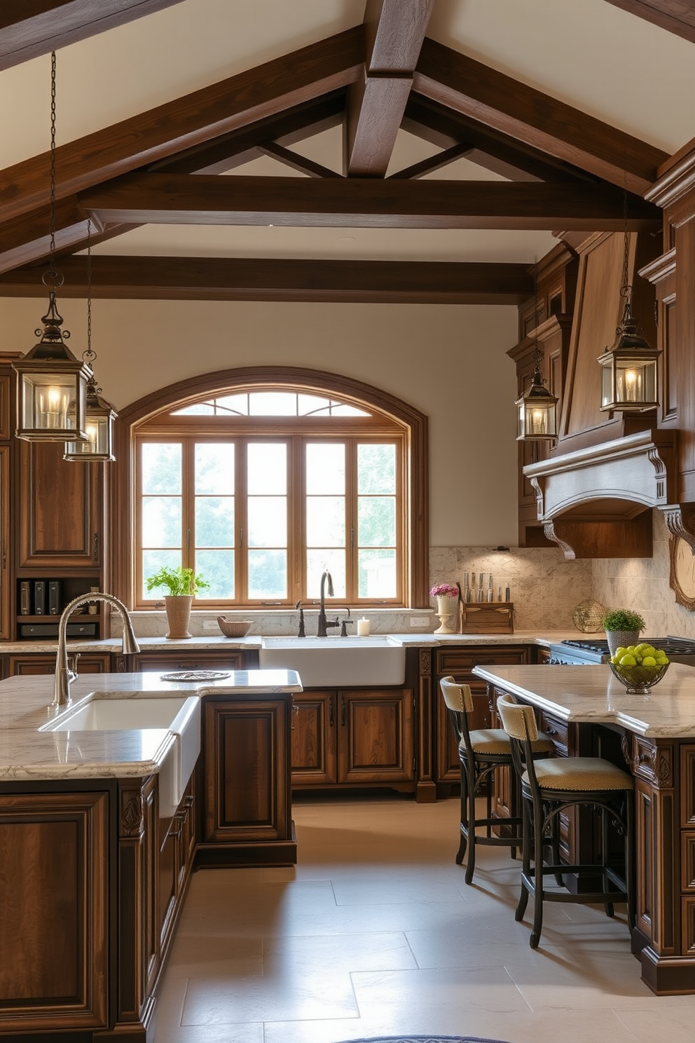 Artisan-crafted details enhance the bespoke appeal of this European kitchen. The space features custom cabinetry with intricate woodwork, complemented by a large farmhouse sink and a stunning stone backsplash. A spacious island serves as the centerpiece, adorned with bar stools and decorative pendant lighting overhead. Natural light floods the room through large windows, illuminating the warm tones of the wooden accents and the elegant finishes throughout.