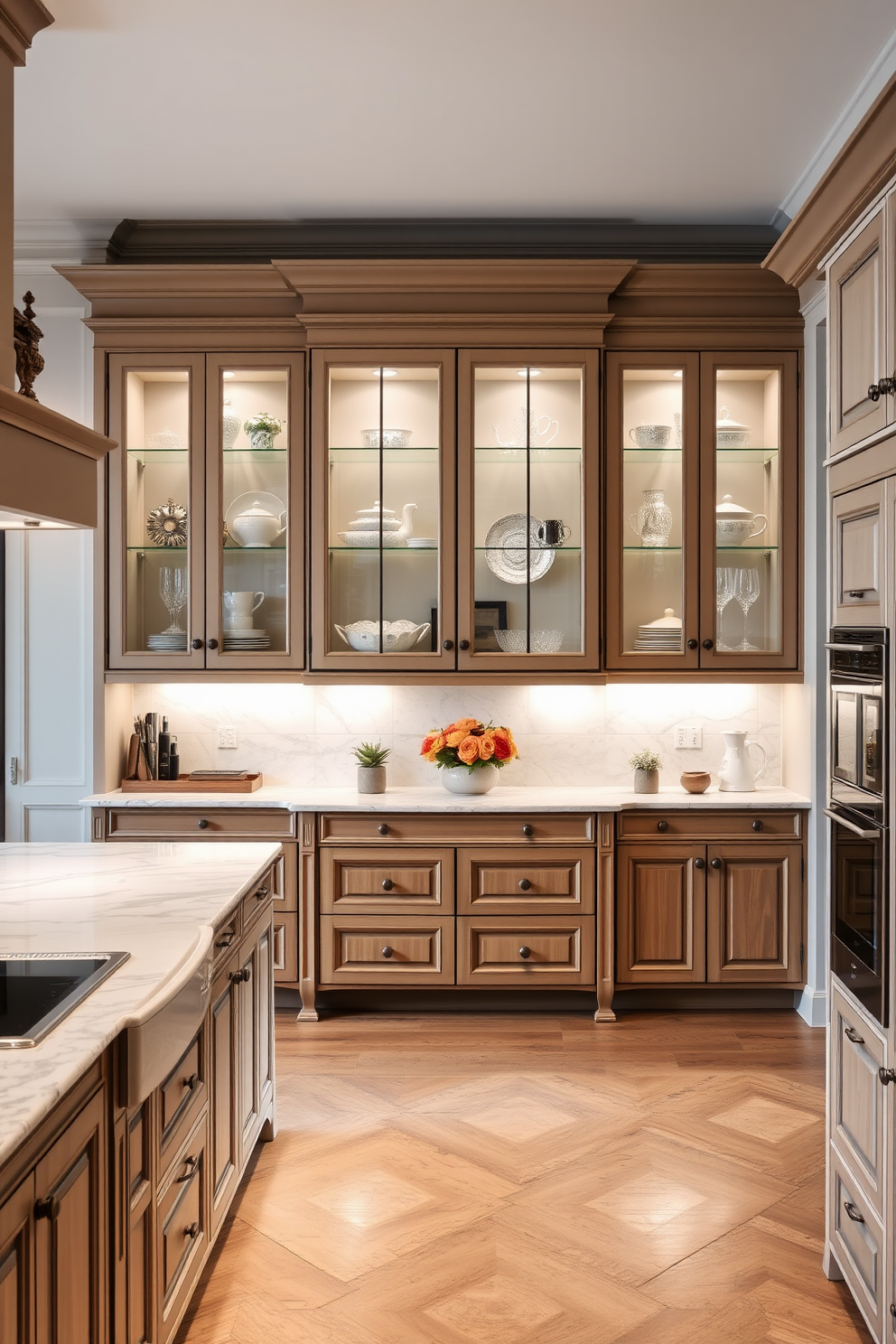 Elegant glass-front cabinets for display create a stunning focal point in a European kitchen. The cabinets are filled with beautiful dishware and decorative items, enhancing the overall sophistication of the space. The kitchen features a large central island with a marble countertop, perfect for meal preparation and entertaining. Soft, ambient lighting illuminates the room, highlighting the intricate details of the cabinetry and the warm tones of the wood accents.