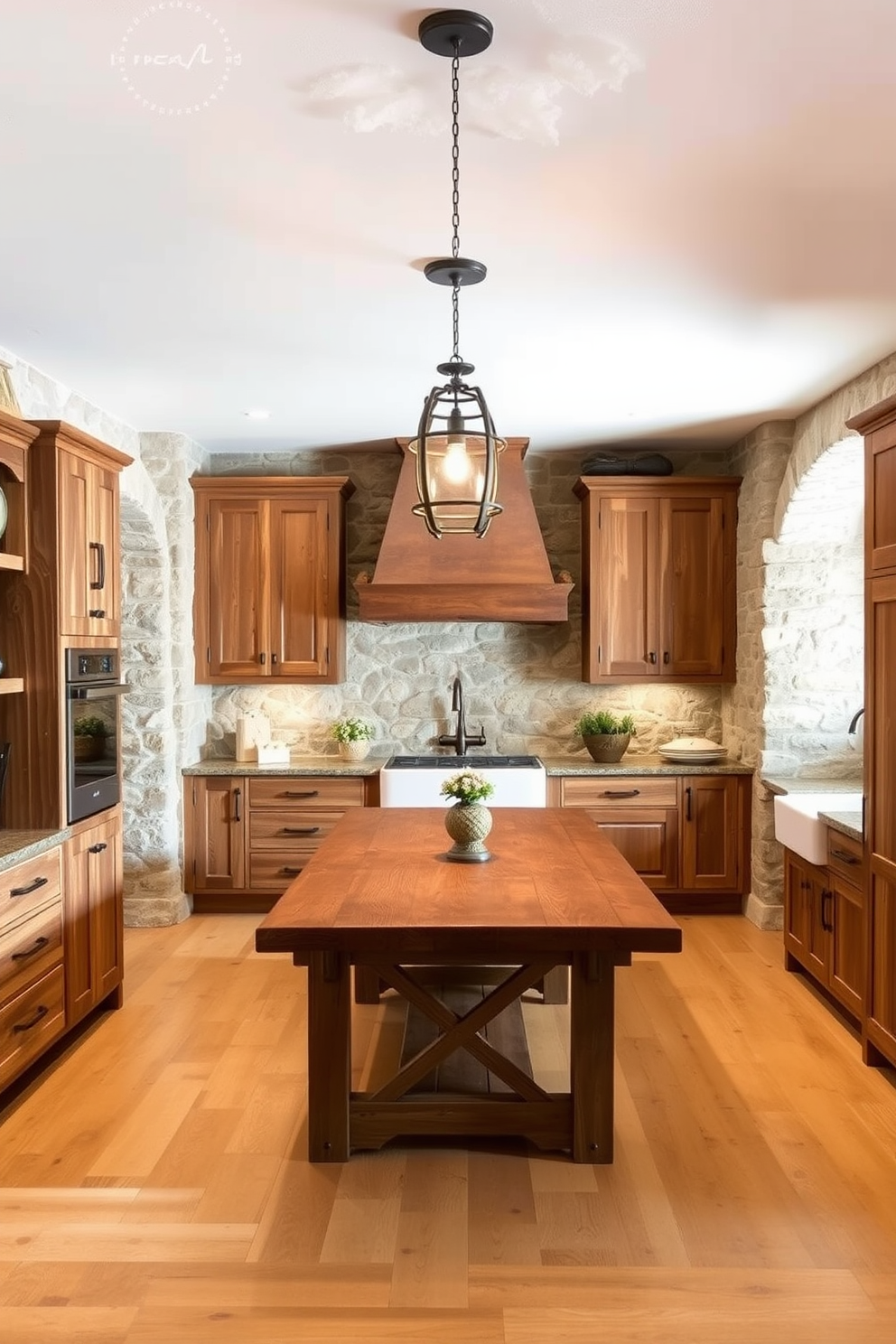 A rustic kitchen featuring stone accents that add warmth and texture to the space. The cabinetry is a mix of distressed wood and modern finishes, complemented by a large farmhouse sink and a wooden dining table at the center. The walls are adorned with exposed stone, creating a cozy and inviting atmosphere. Pendant lights with a vintage design hang above the island, illuminating the space with a soft glow.