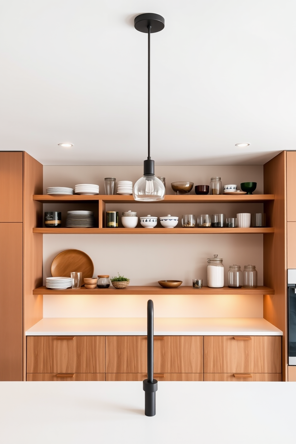 A stylish open shelving unit is installed above a sleek countertop in a modern European kitchen. The shelves are filled with artisanal dishware and glass jars, creating an inviting and organized display. The cabinetry features a soft matte finish in a warm neutral tone, complementing the natural wood accents throughout the space. Pendant lights hang gracefully above the island, illuminating the area and enhancing the kitchen's contemporary aesthetic.