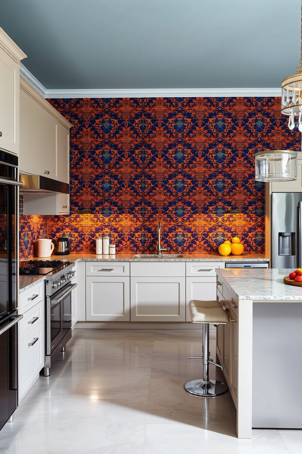 A European kitchen featuring bold wallpaper that showcases intricate patterns and vibrant colors. The cabinetry is sleek and modern, complemented by stainless steel appliances and a large island with bar seating.