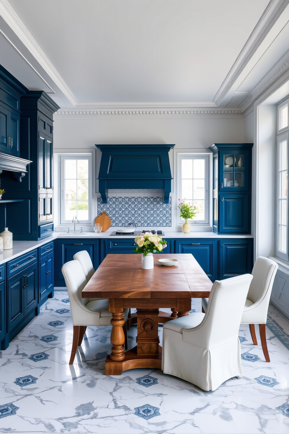 A classic European kitchen featuring a blue and white color palette. The cabinetry is a rich navy blue with intricate moldings, complemented by white marble countertops and a stylish backsplash adorned with blue and white tiles. Natural light floods the space through large windows, highlighting the elegant design. A rustic wooden dining table sits in the center, surrounded by white upholstered chairs, creating a warm and inviting atmosphere.