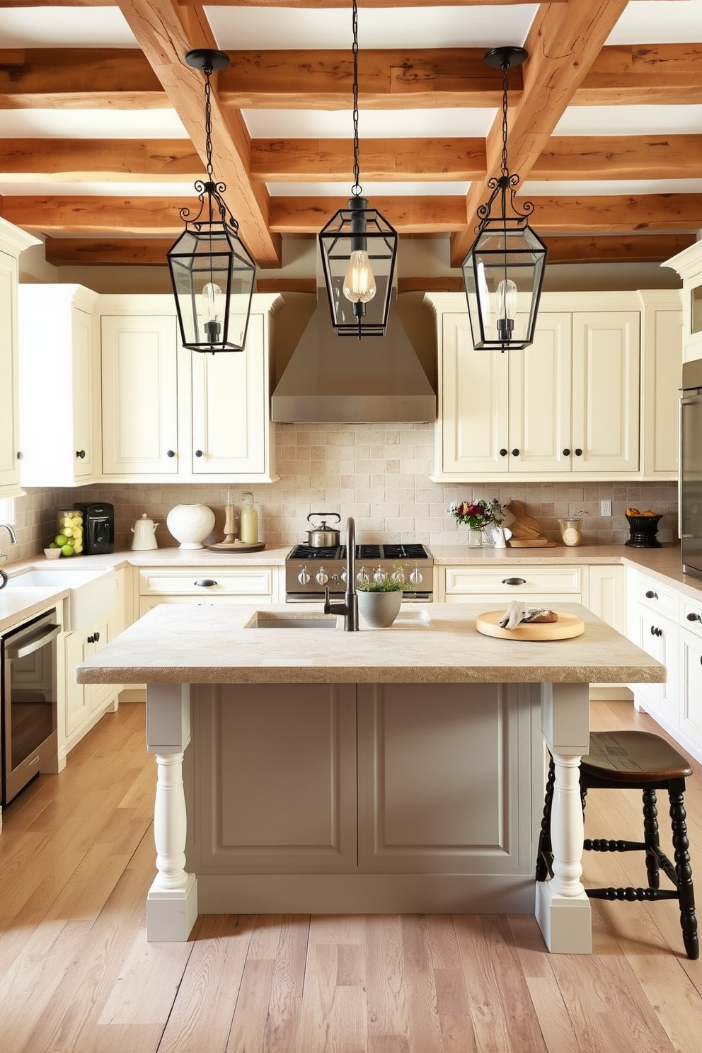 Rustic charm with exposed wooden beams creates a warm and inviting atmosphere in this European kitchen. The spacious layout features a large farmhouse sink, complemented by a rustic wooden island topped with a butcher block surface. Natural light floods the room through large windows, illuminating the handcrafted cabinetry adorned with vintage hardware. A cozy dining area with a wooden table and mismatched chairs enhances the homey feel, while decorative ceramics and fresh herbs add a touch of personality.