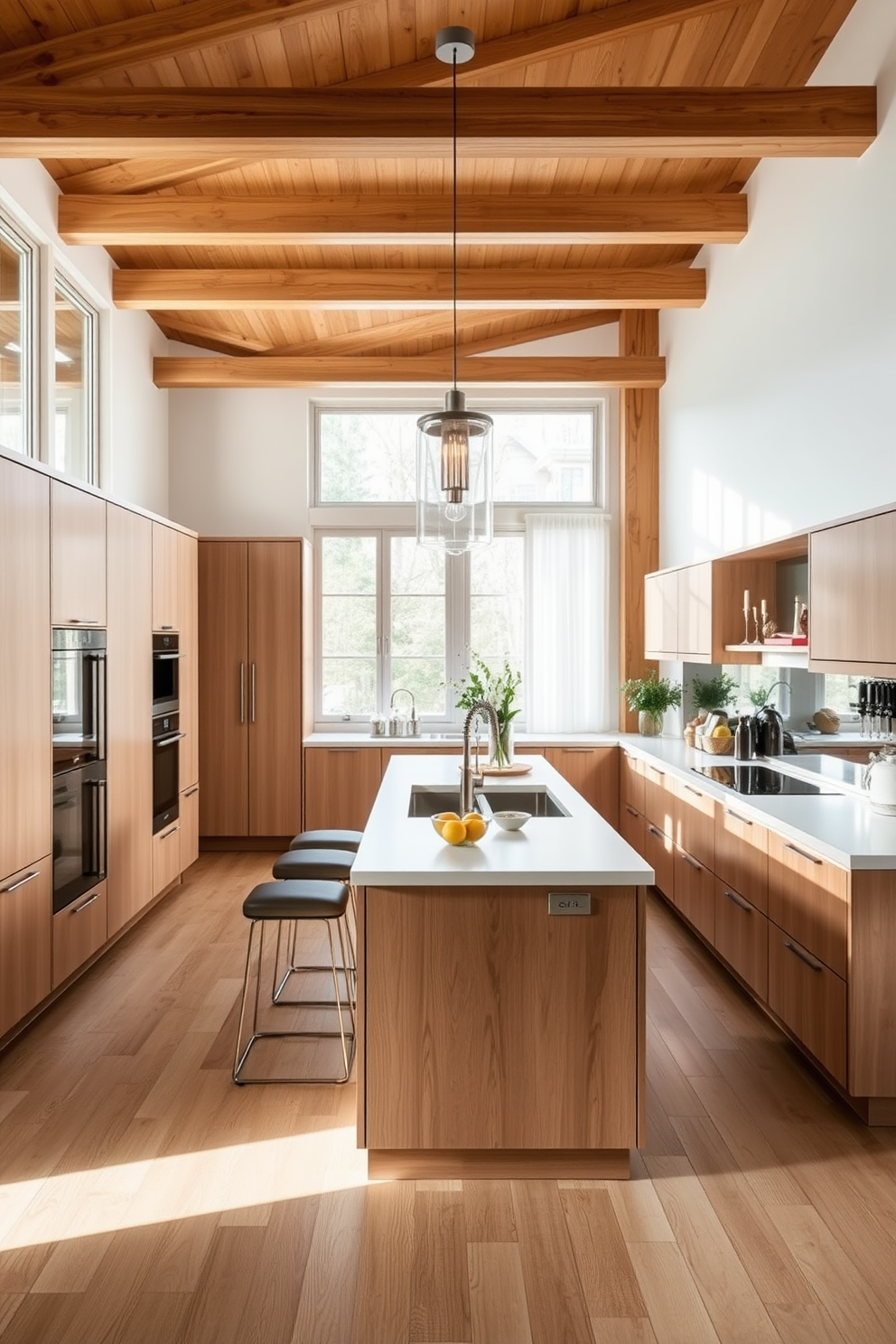 A unique dining area seamlessly integrated within a modern kitchen. The space features a large wooden dining table surrounded by stylish upholstered chairs, with pendant lights hanging above to create an inviting atmosphere.