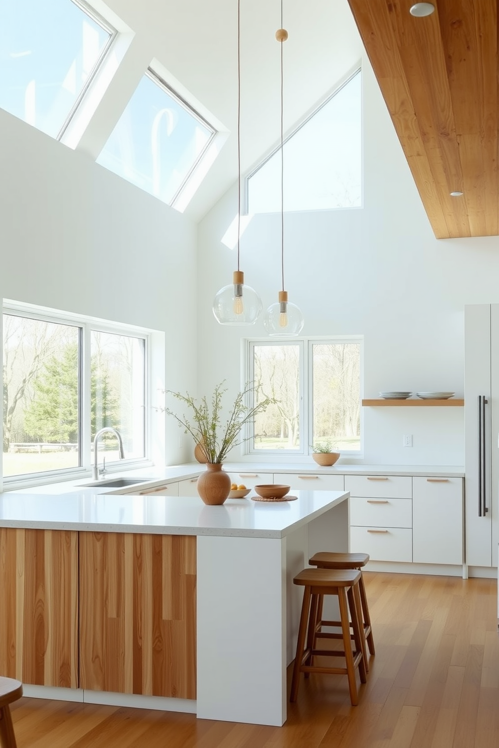 A contemporary European kitchen featuring open shelving for easy access. The shelves are filled with stylish dishware and glass jars, creating a functional yet aesthetic display.