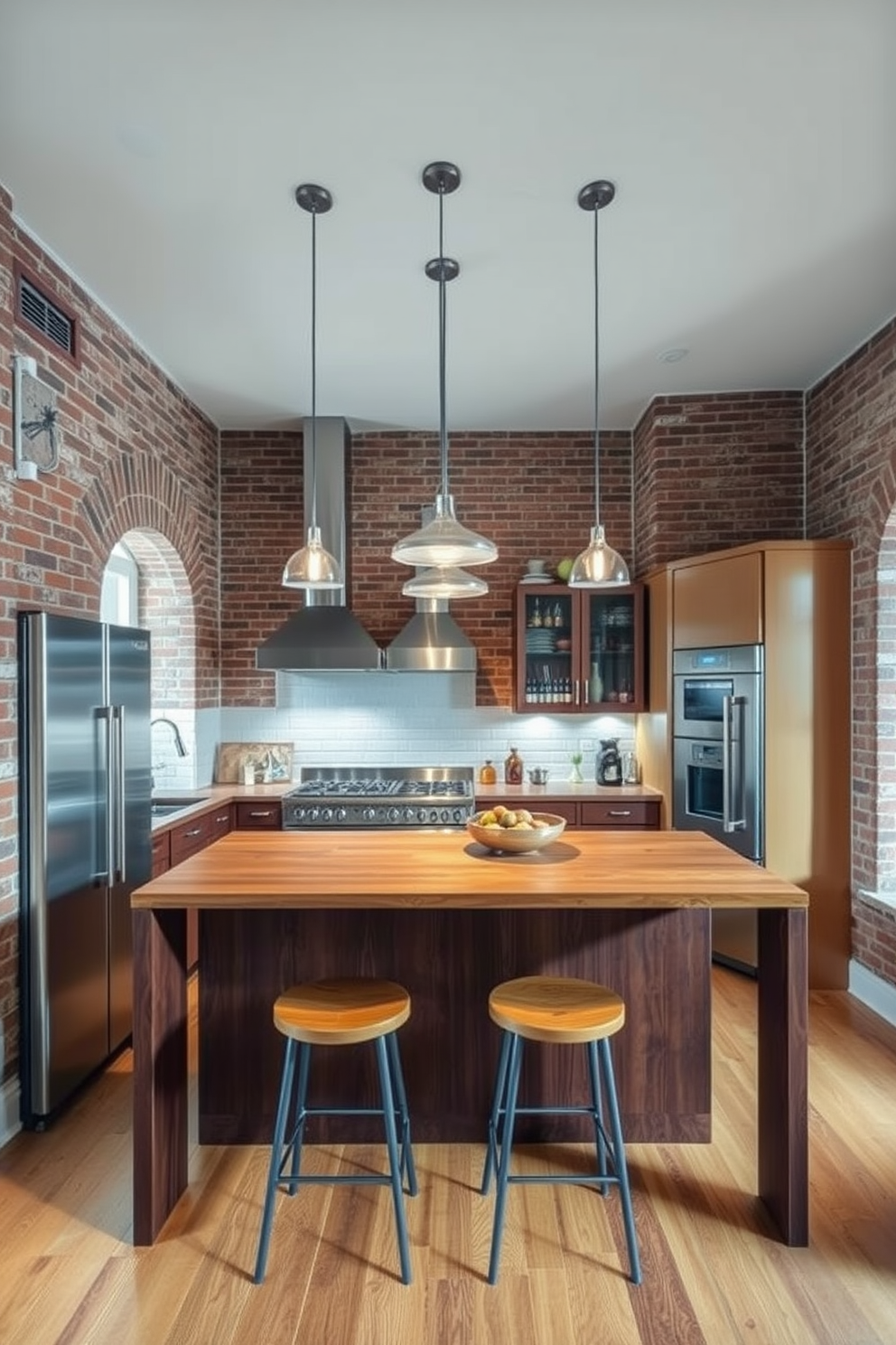 A stylish European kitchen featuring exposed brick walls and sleek stainless steel appliances. The space is illuminated by pendant lights hanging over a large wooden island with bar stools, creating a warm and inviting atmosphere.