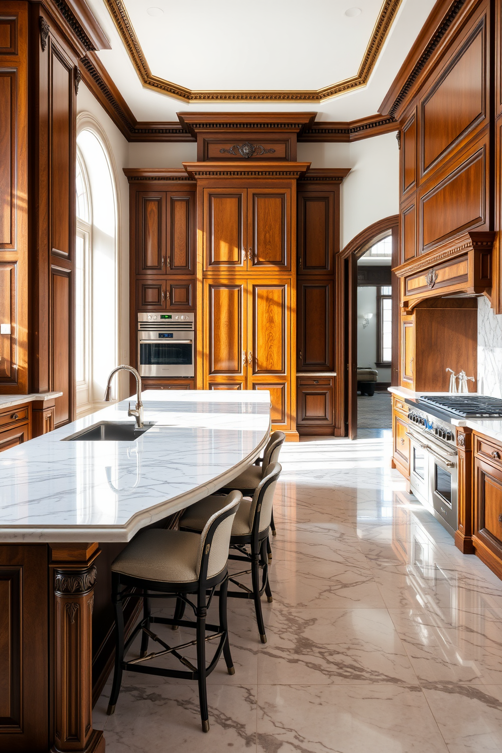 An elegant Italian kitchen features expansive marble countertops that reflect natural light beautifully. The cabinetry is crafted from rich wood with intricate detailing, complementing the overall sophistication of the space. This kitchen design showcases a harmonious blend of modern appliances and classic aesthetics. A large island serves as both a functional workspace and a gathering spot, adorned with stylish bar stools.